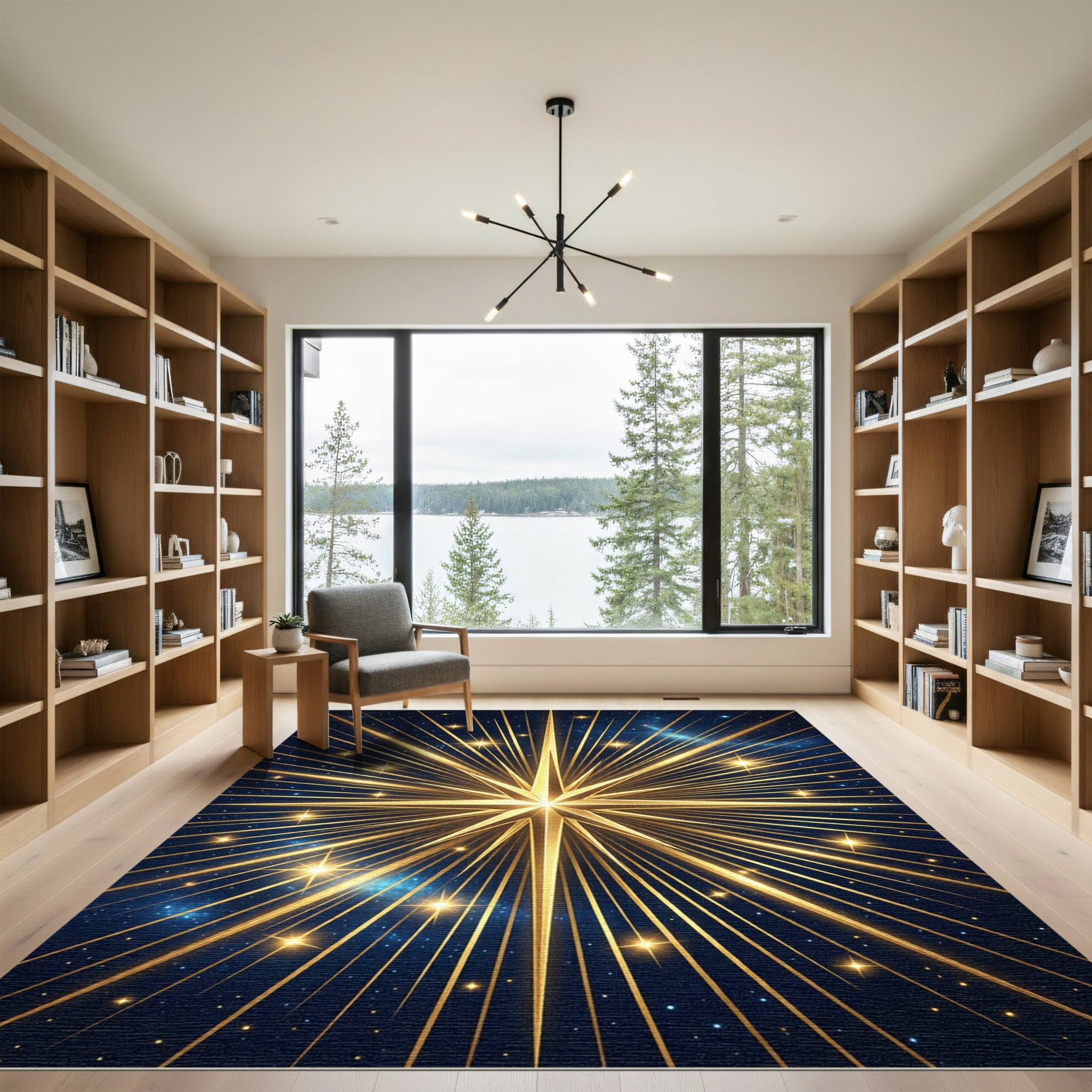Radiant Golden Starburst Night Sky Rug