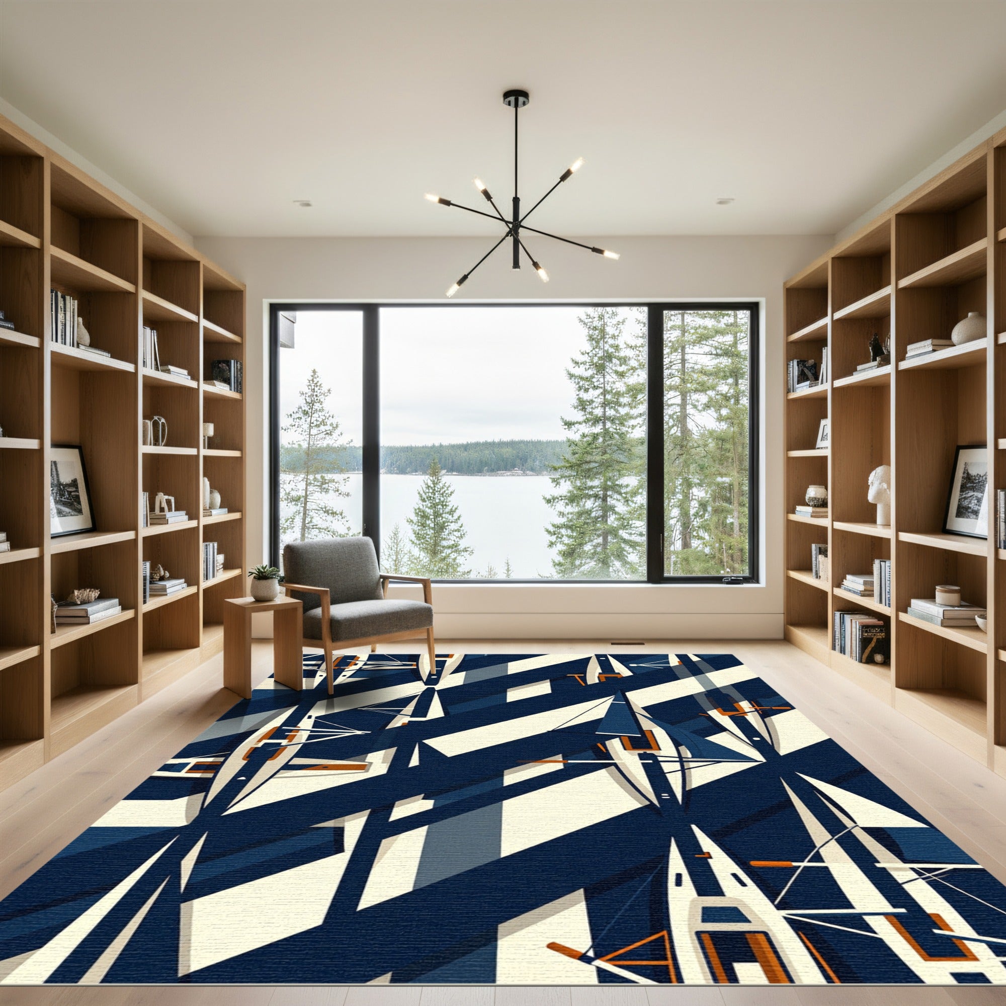 Modern Navy White Yacht Regatta Composition Rug