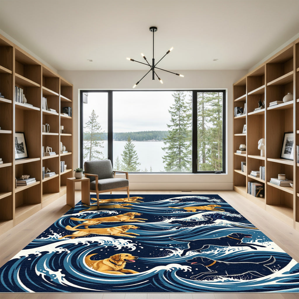 Surfing Golden and Black Dog Waves Rug