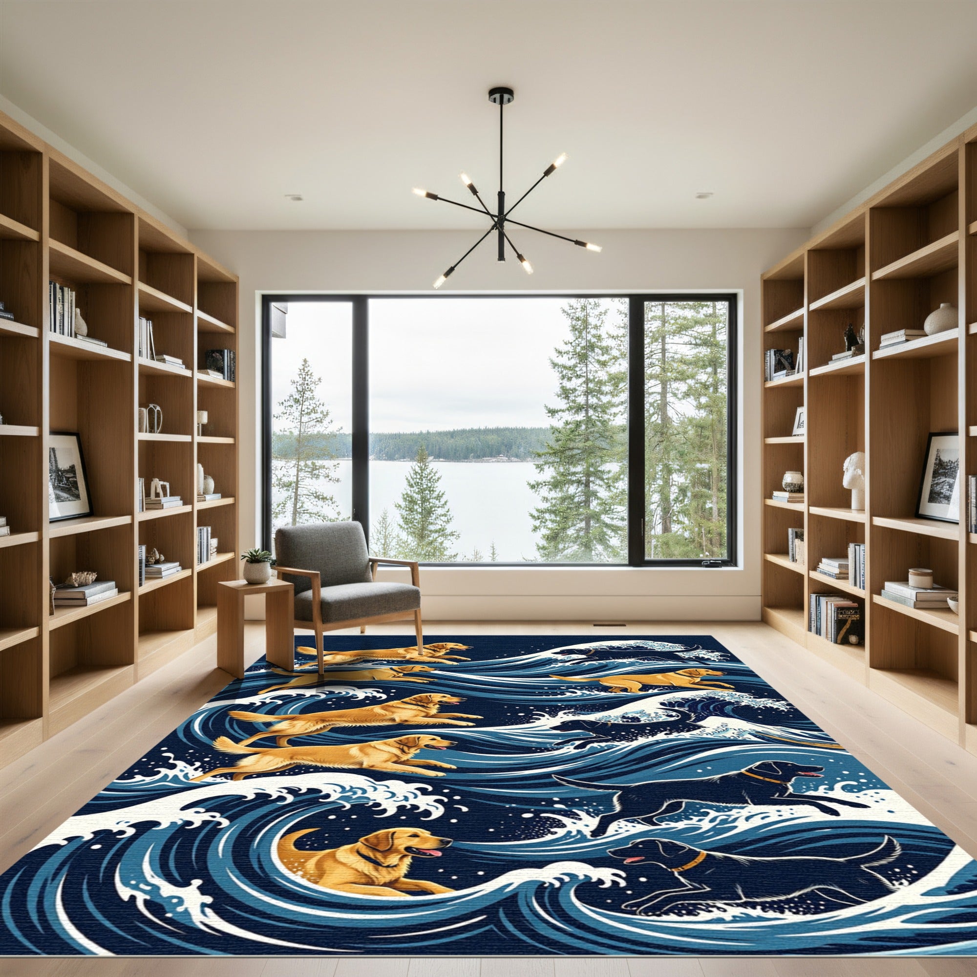 Surfing Golden and Black Dog Waves Rug