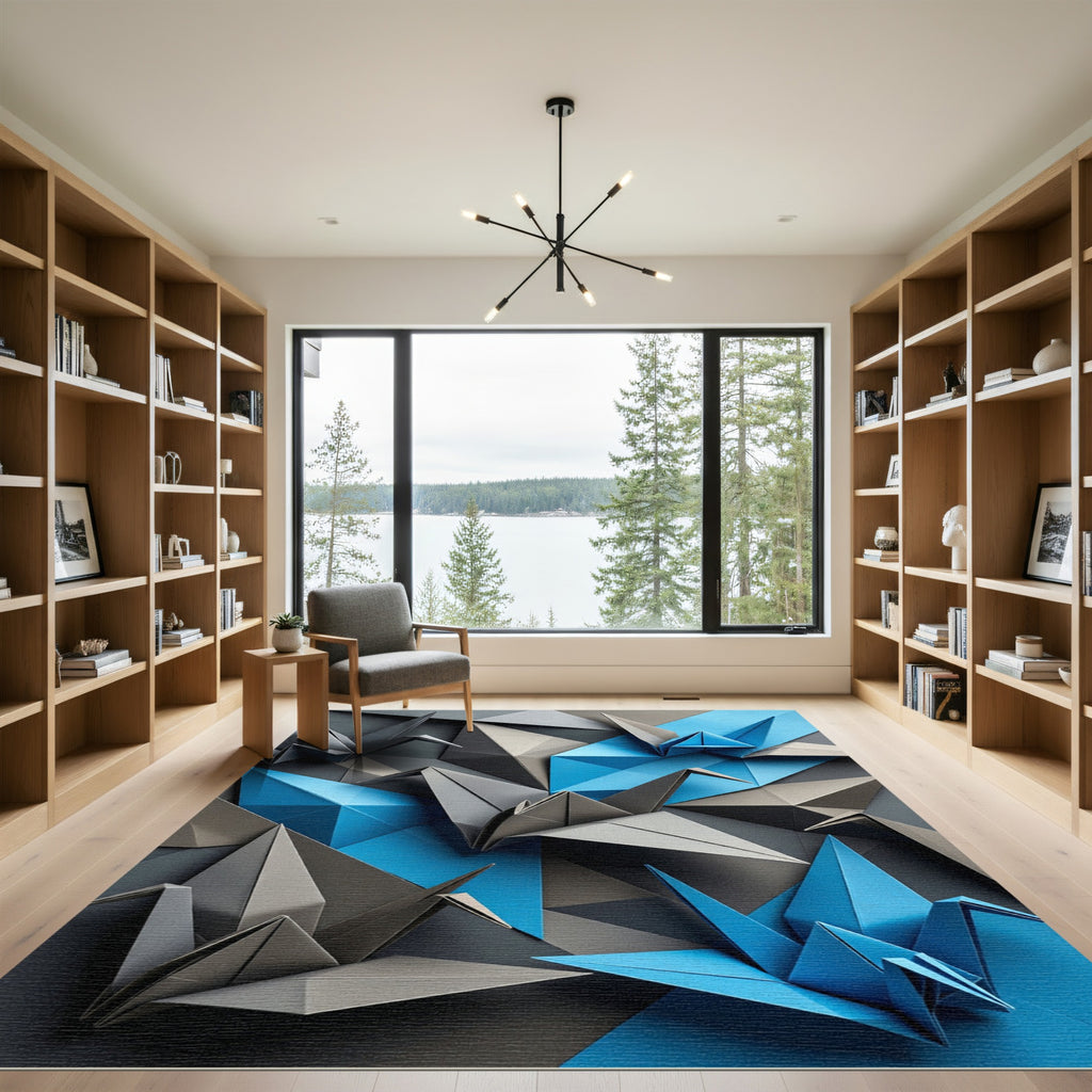 Geometric Blue and Gray Origami Crane Rug