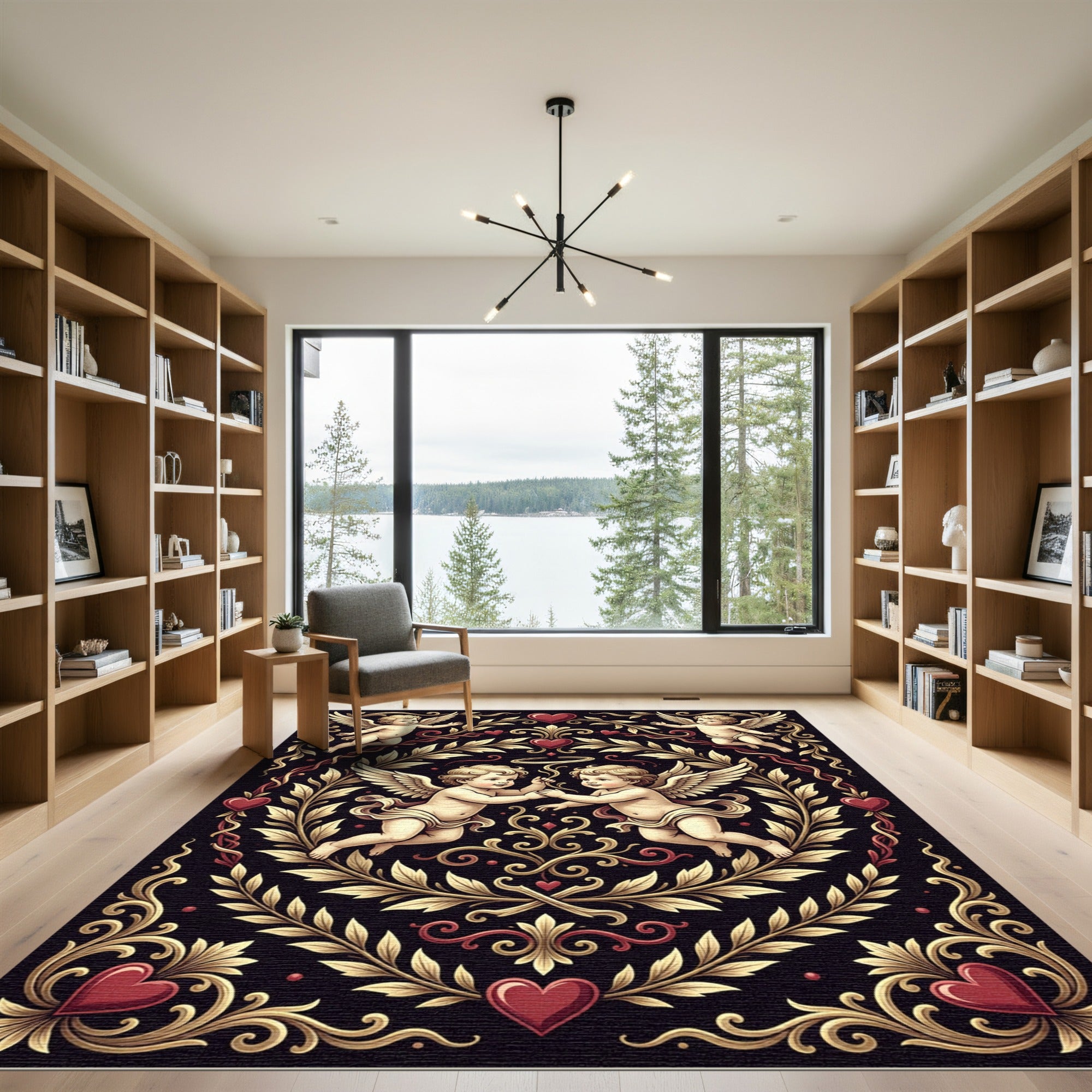 Cherubic Heart Scrollwork Black Rug