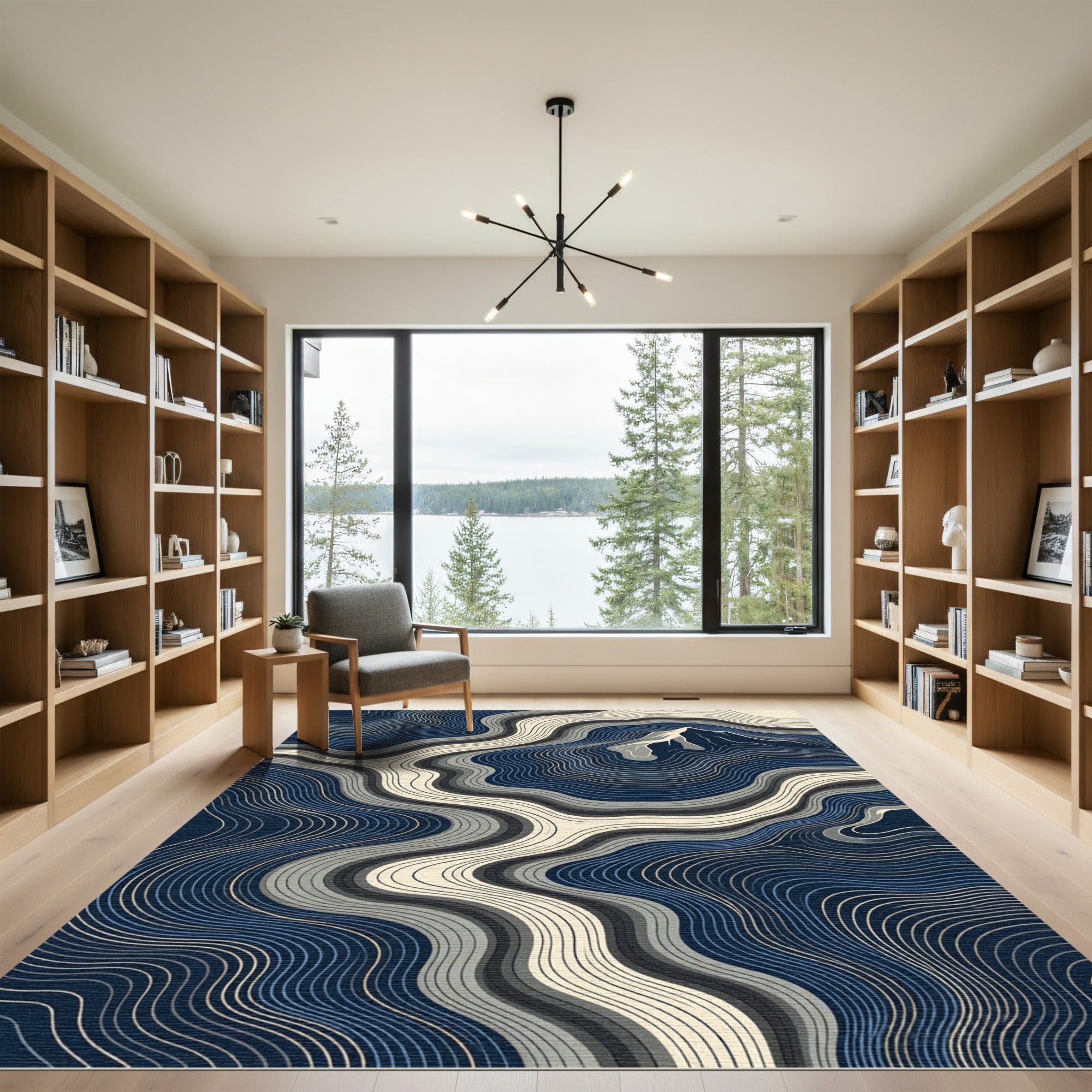 Abstract Navy Mountain Topographic Art Rug