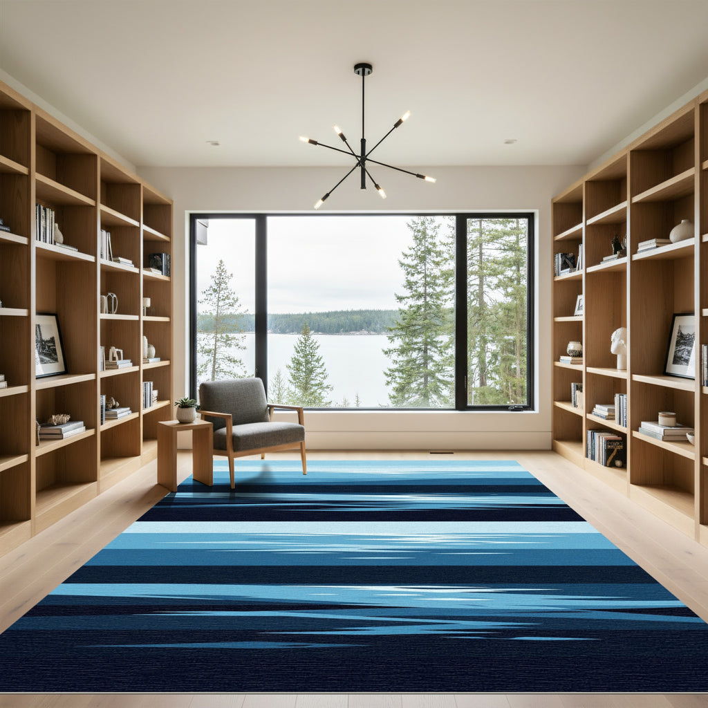 Minimalist Blue Layered Horizon Abstract Rug