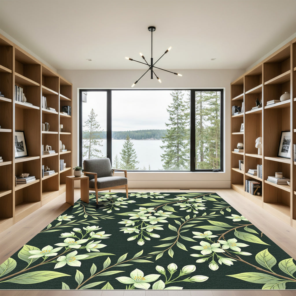 Pale Green Floral Branches Dark Background Rug