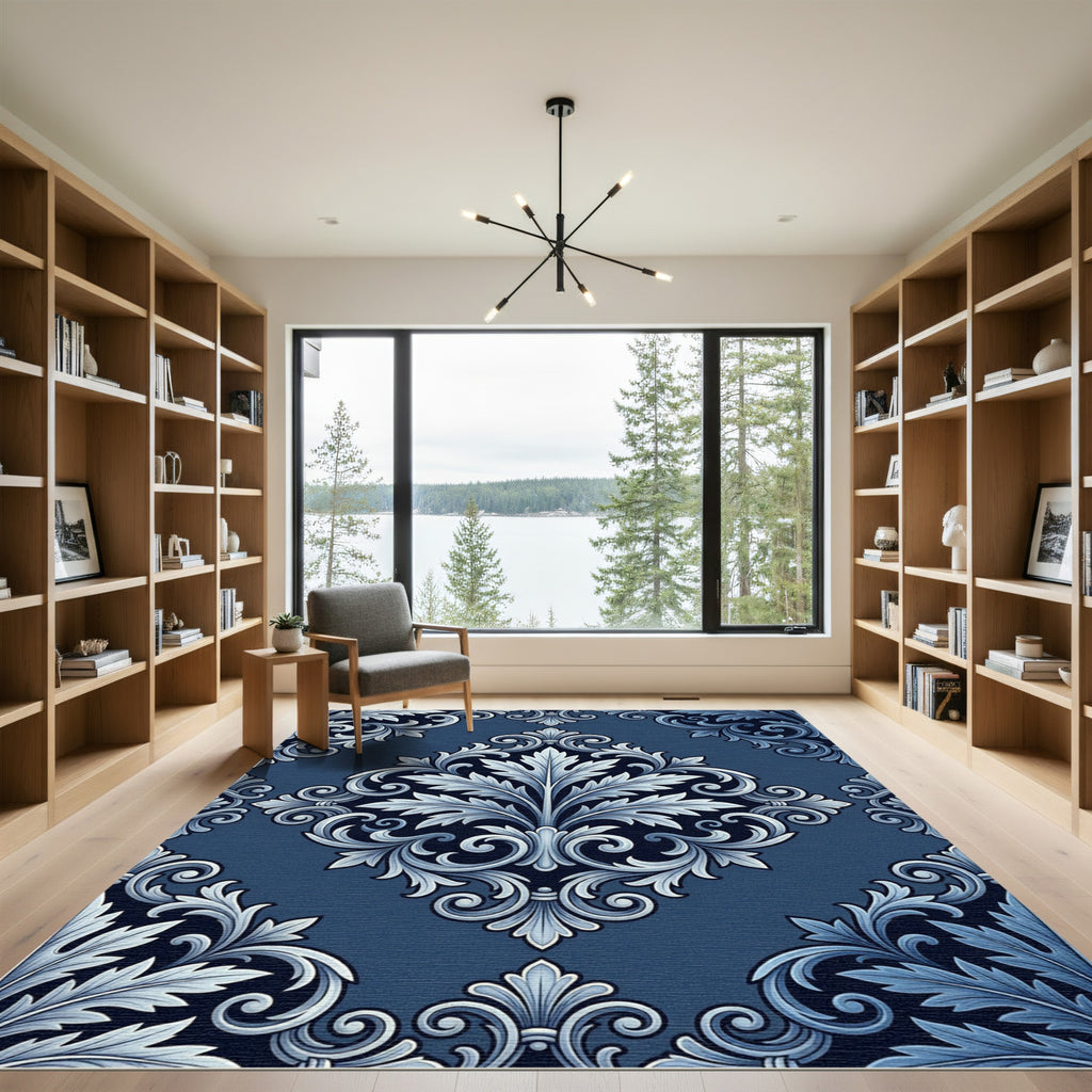 Elegant Navy Blue Acanthus Scroll Rug