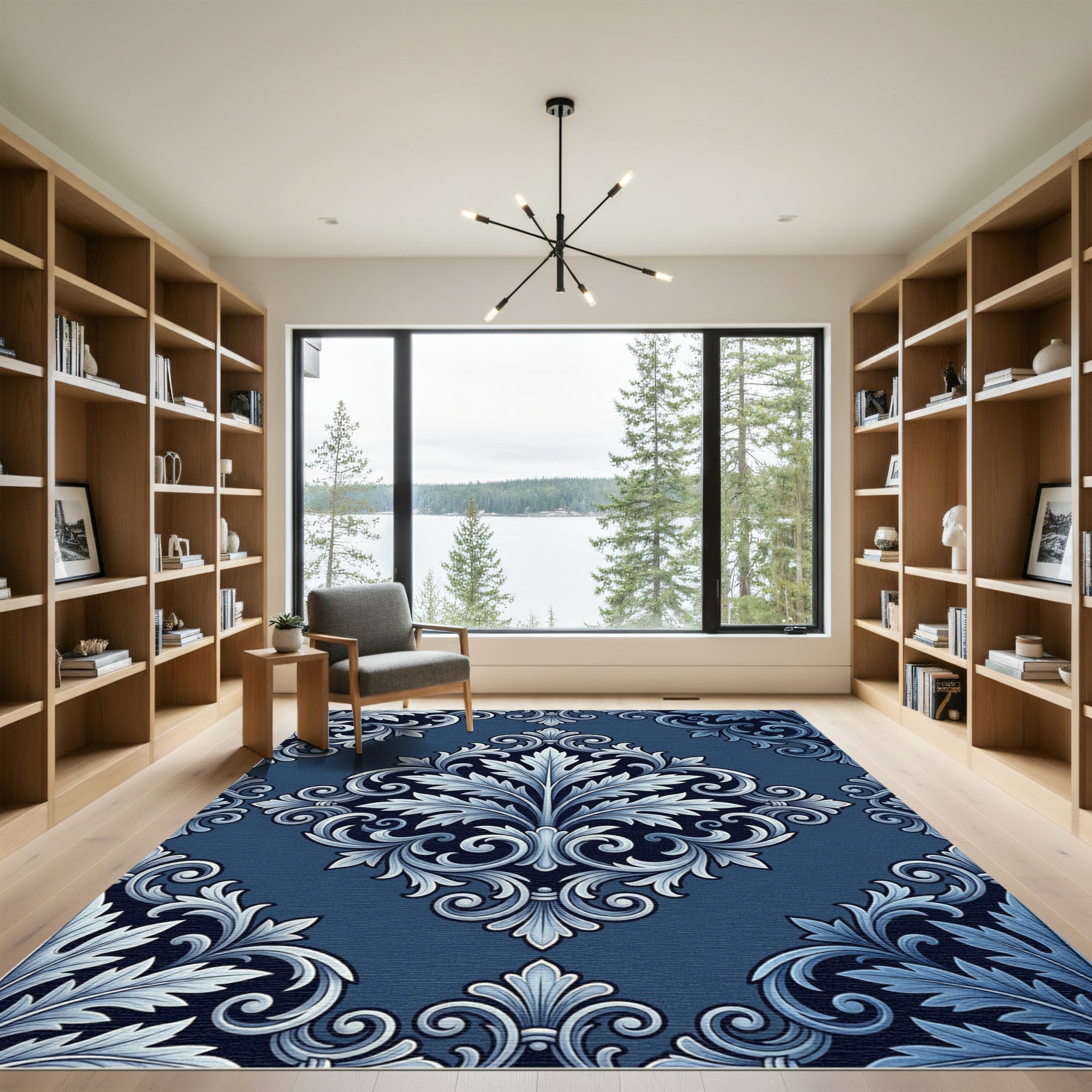 Elegant Navy Blue Acanthus Scroll Rug