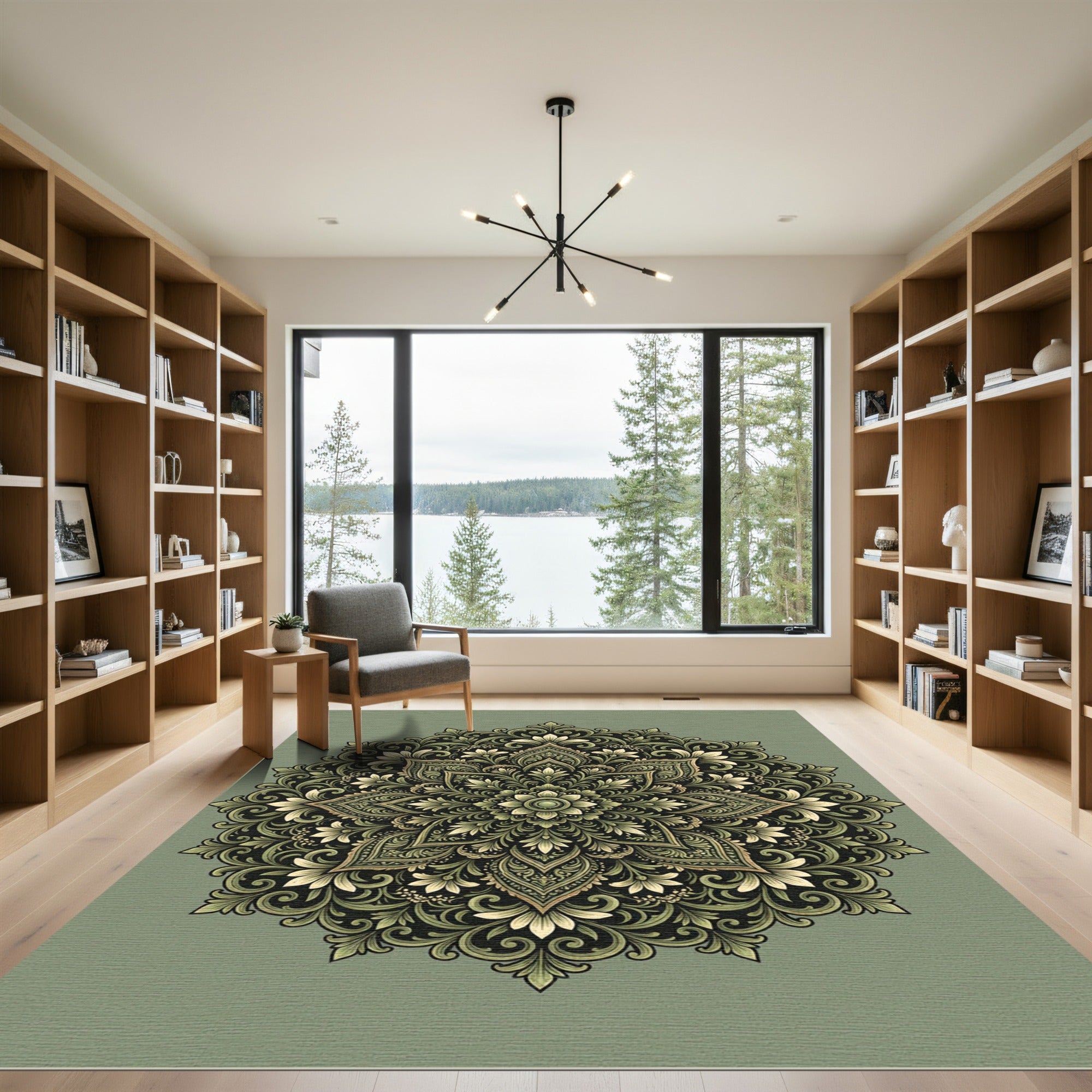 Ornate Green Floral Mandala Rug