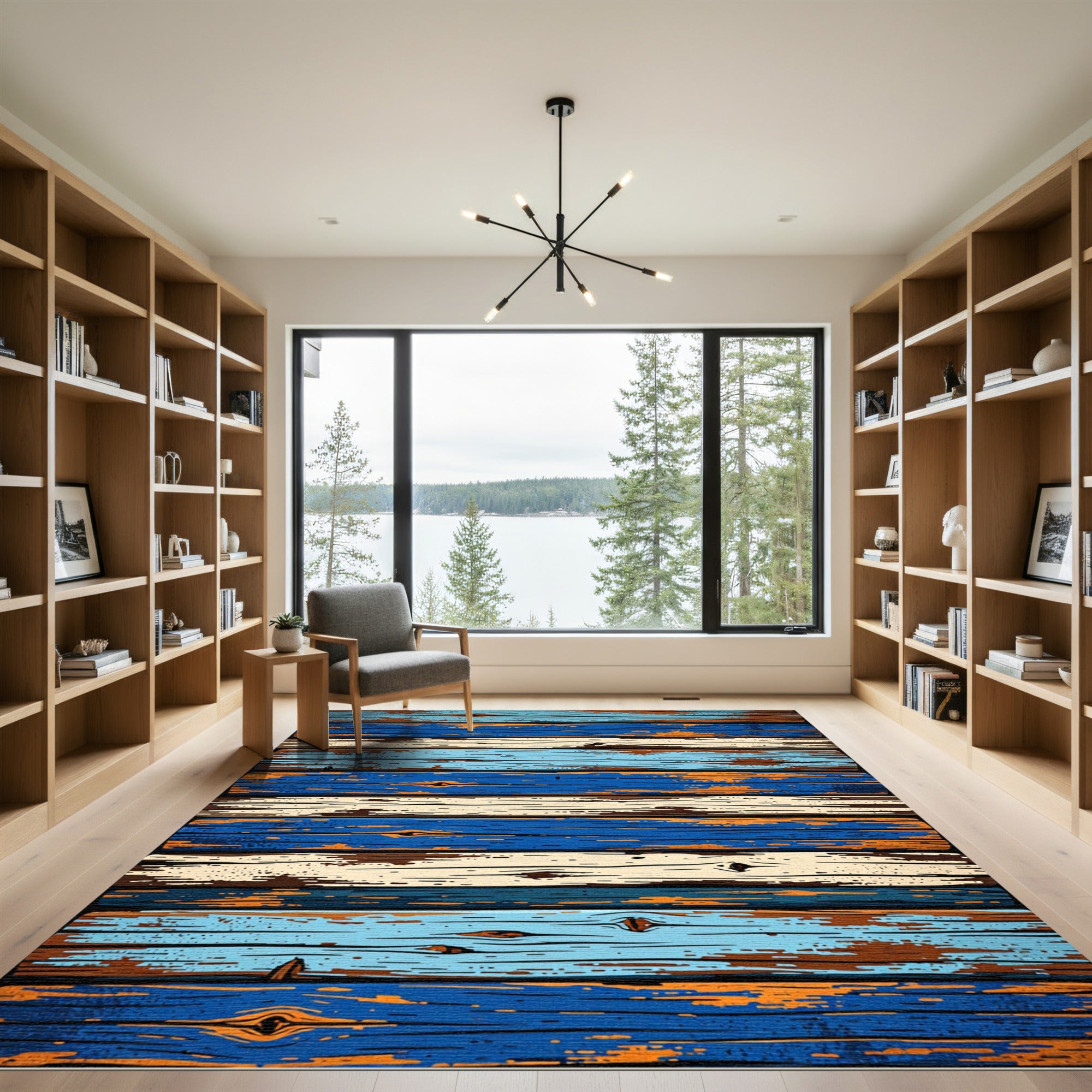Rustic Weathered Blue and Cream Planks Rug