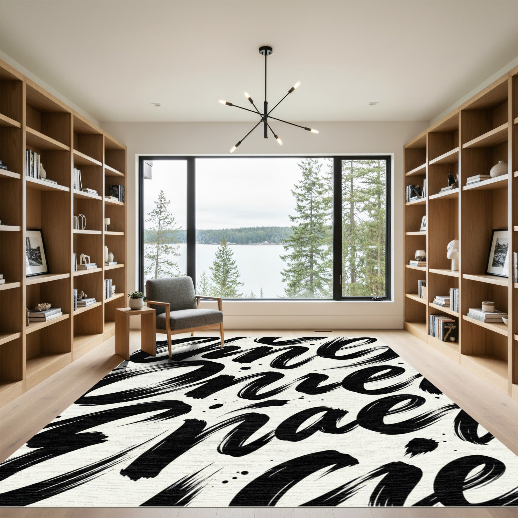 Bold Black Brushstroke Script Rug