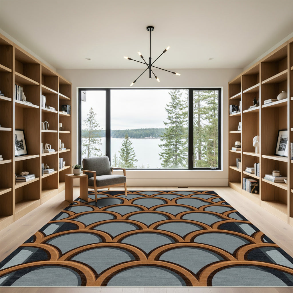 Geometric Copper Arches on Slate Gray Rug