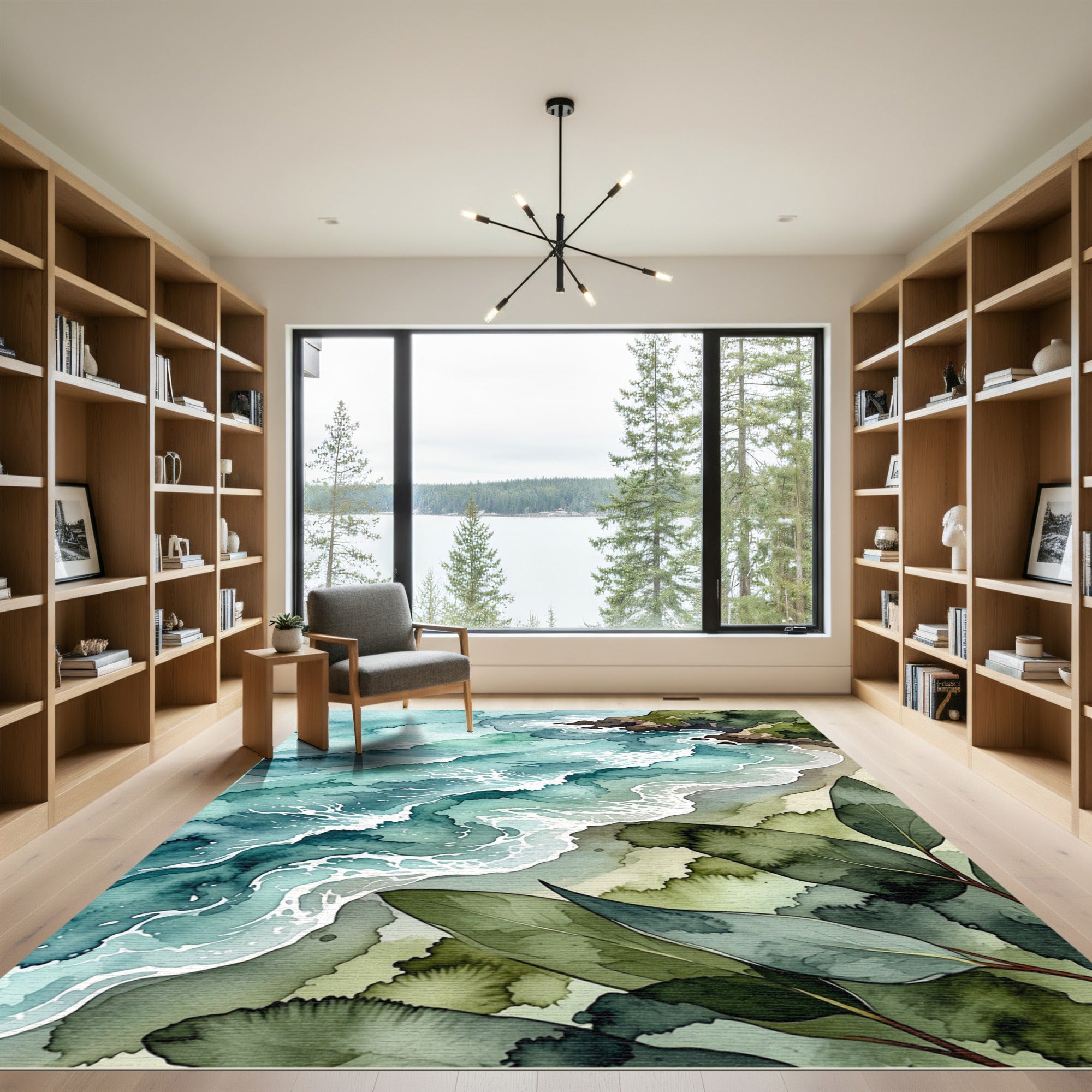 Watercolor Coastal Teal Waves and Tropical Foliage Rug