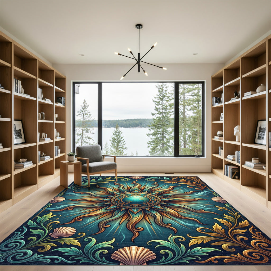 Gilded Celestial Globe Sun Teal Medallion Rug