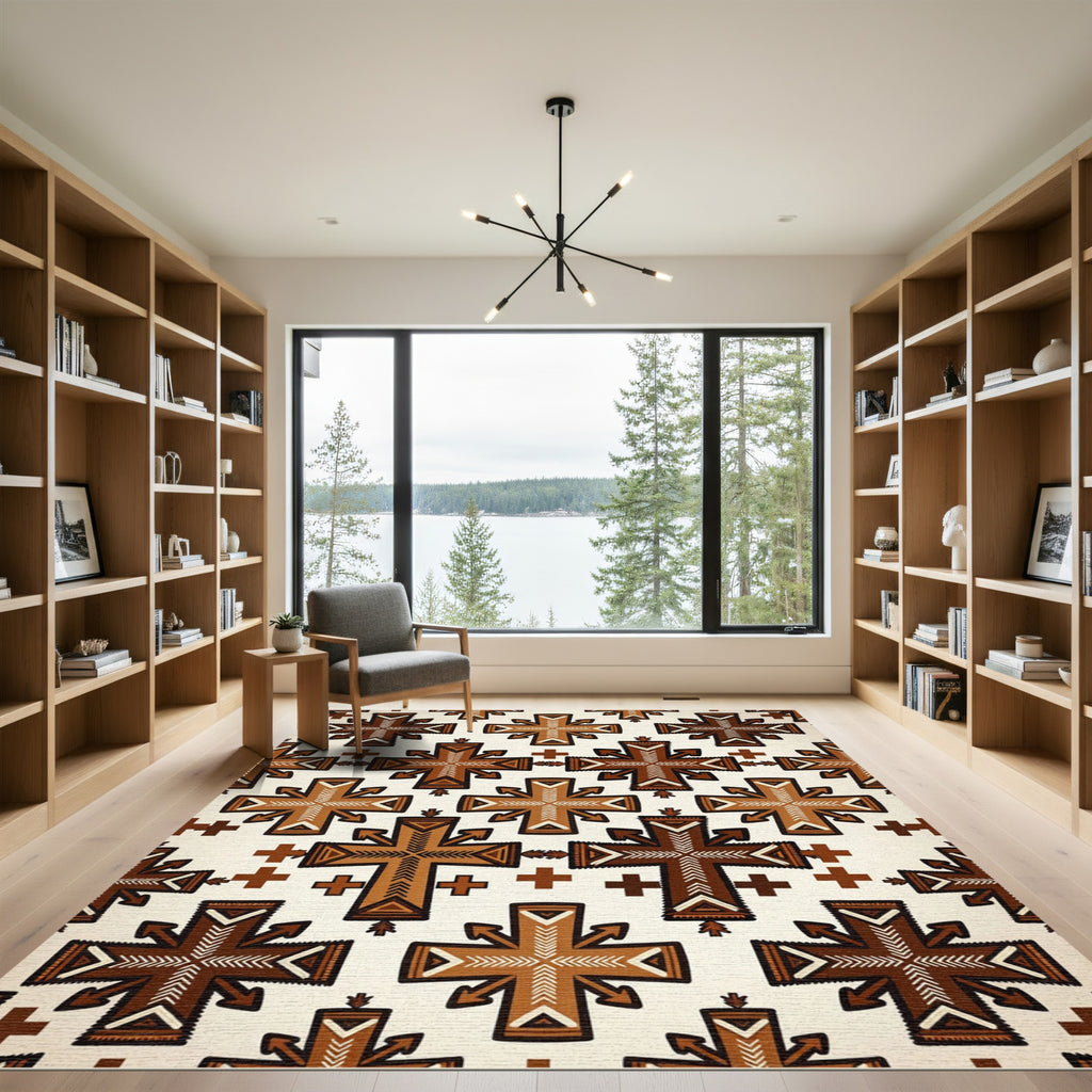 Earthy Brown Tribal Cross Geometric Rug