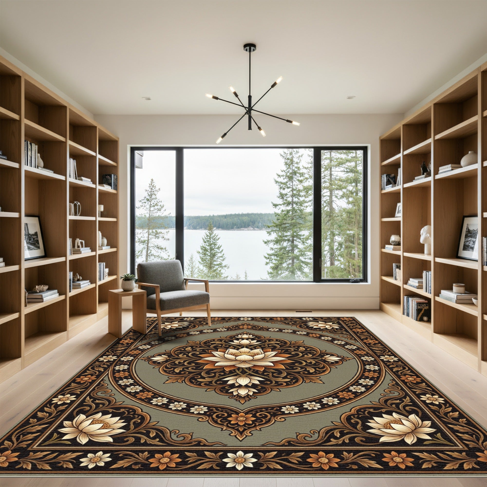 Elegant Sage Lotus Medallion Floral Rug