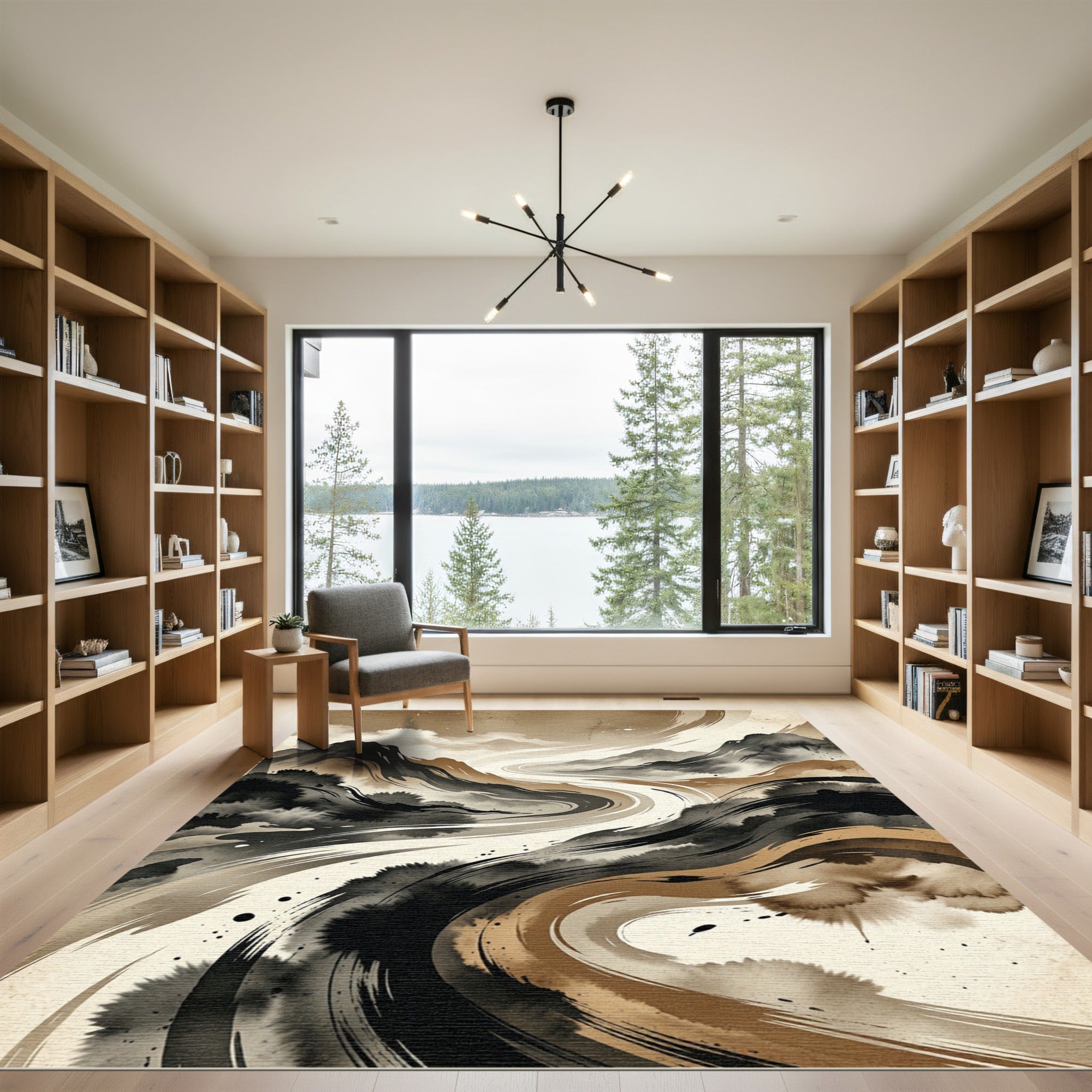 Abstract Ink Wash Mountain Landscape Rug