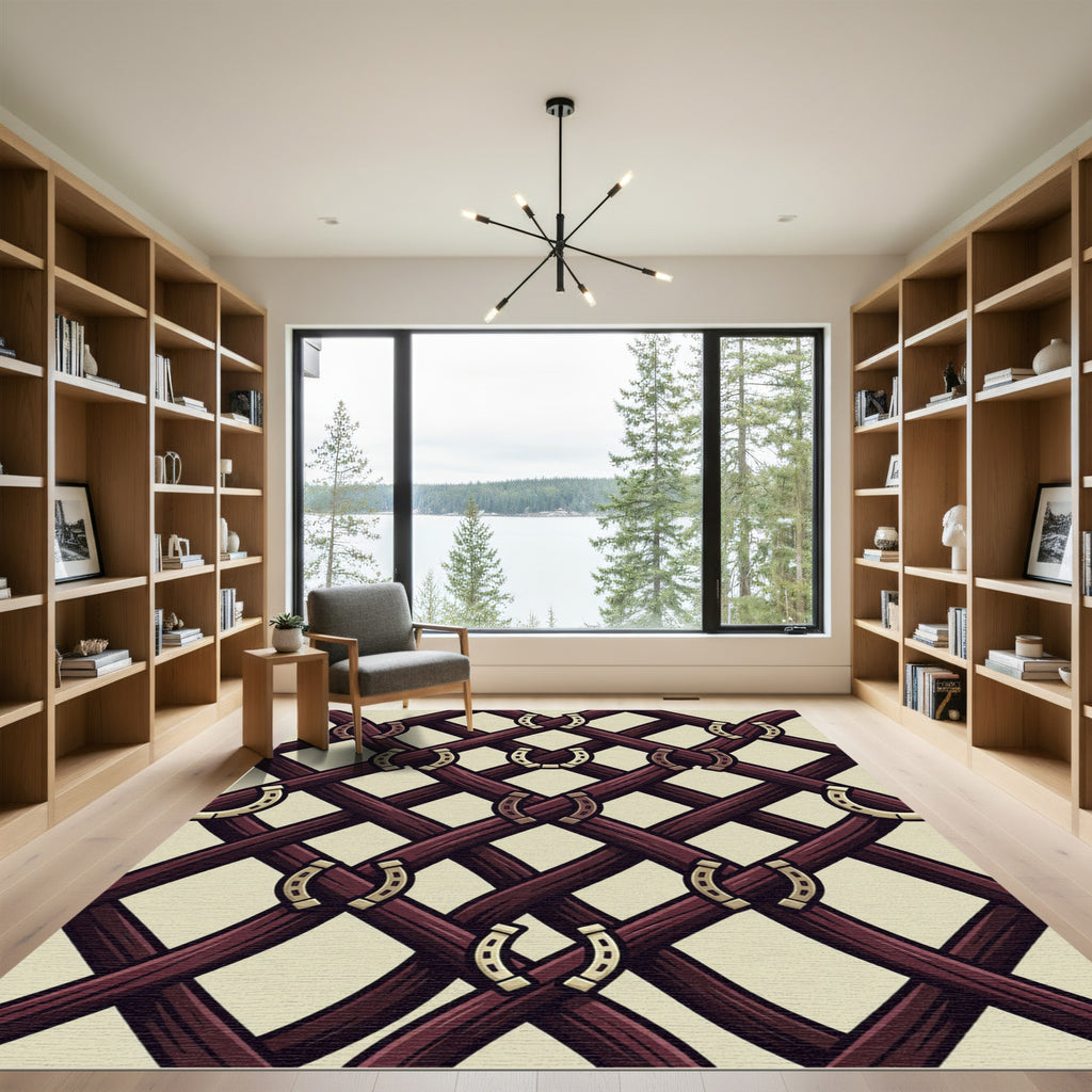 Equestrian Horseshoe Lattice Burgundy Weave Rug