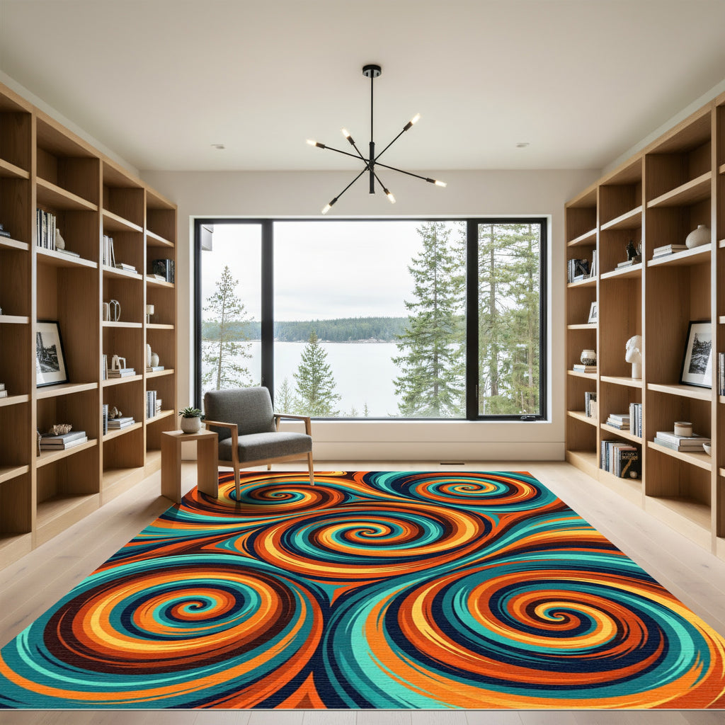 Vibrant Teal and Orange Abstract Swirl Rug
