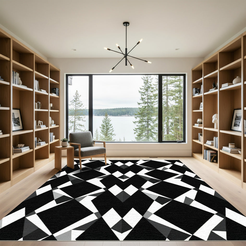 Modern Black White Geometric Diamond Rug