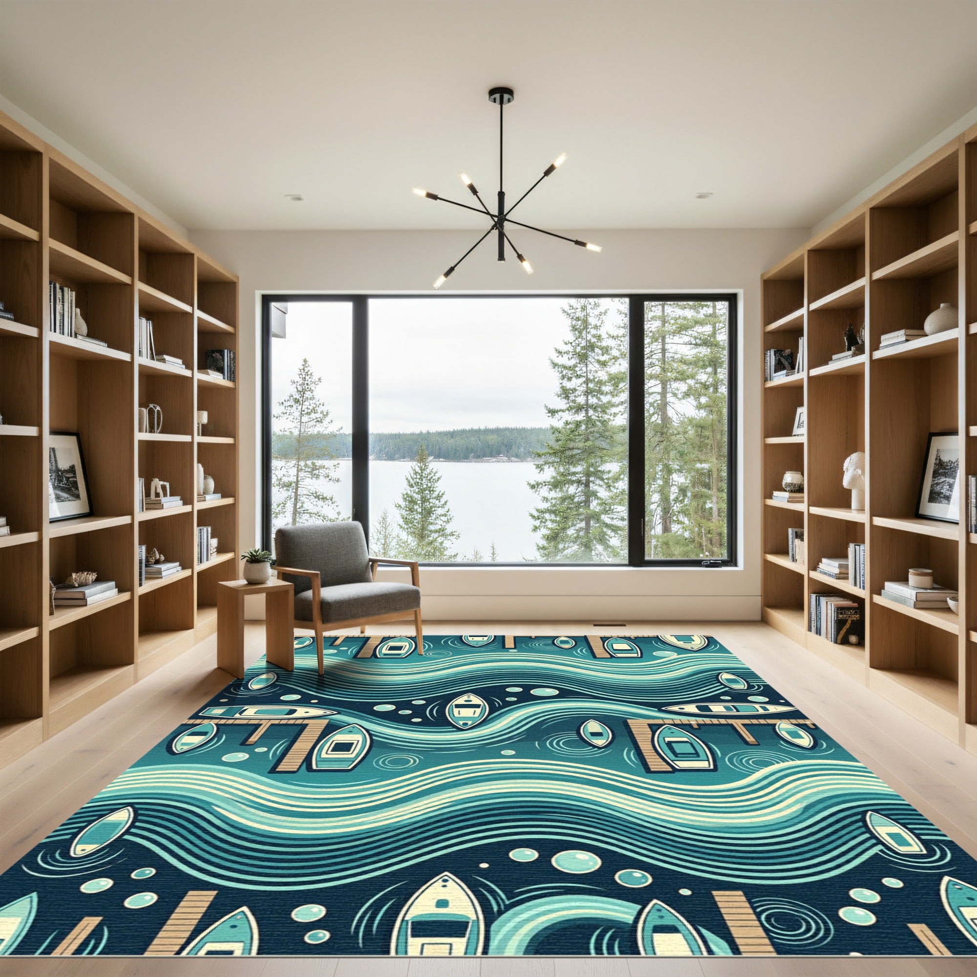 Teal Nautical Boat Dock Rippling Waves Rug