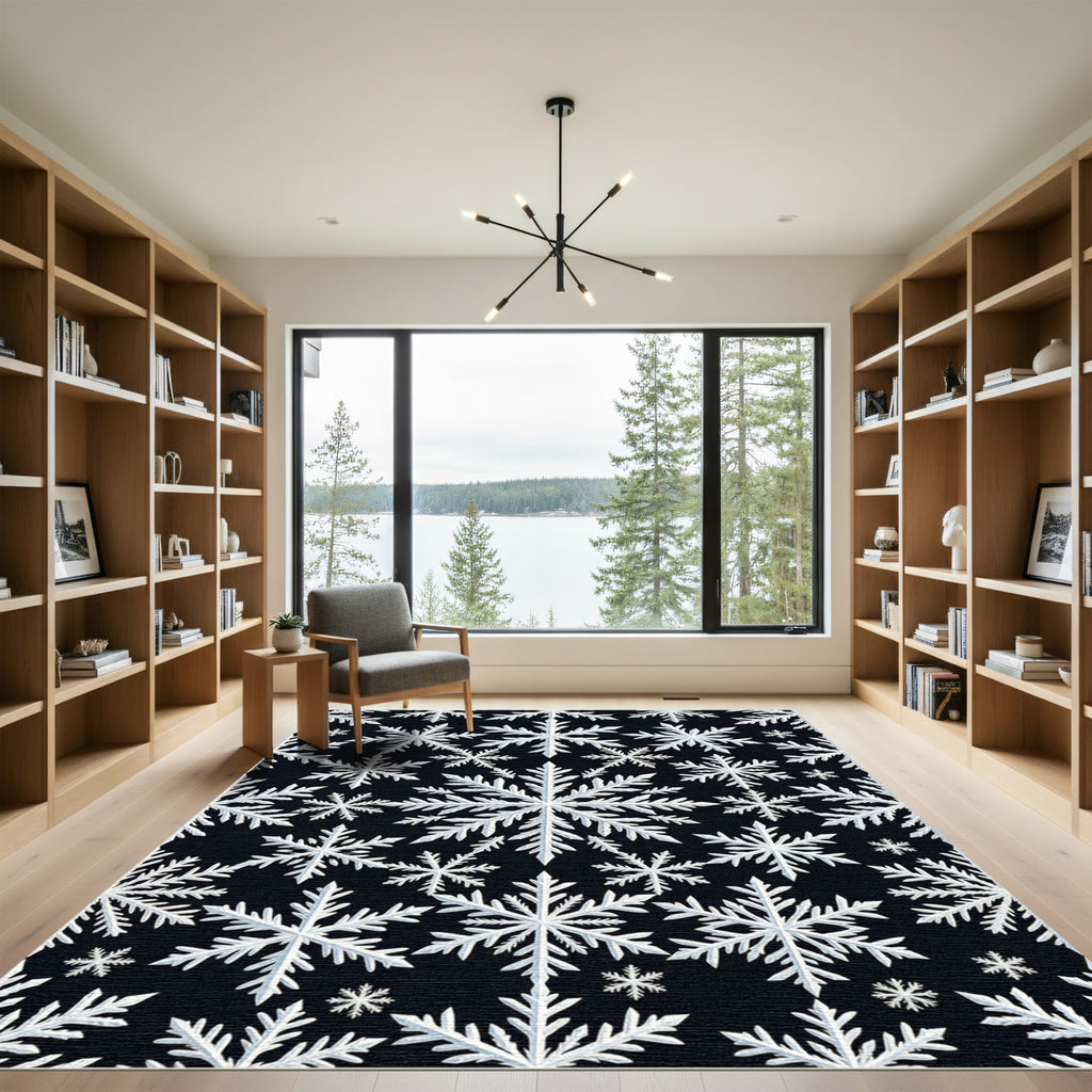 White Snowflake Black Background Repeating Pattern Rug