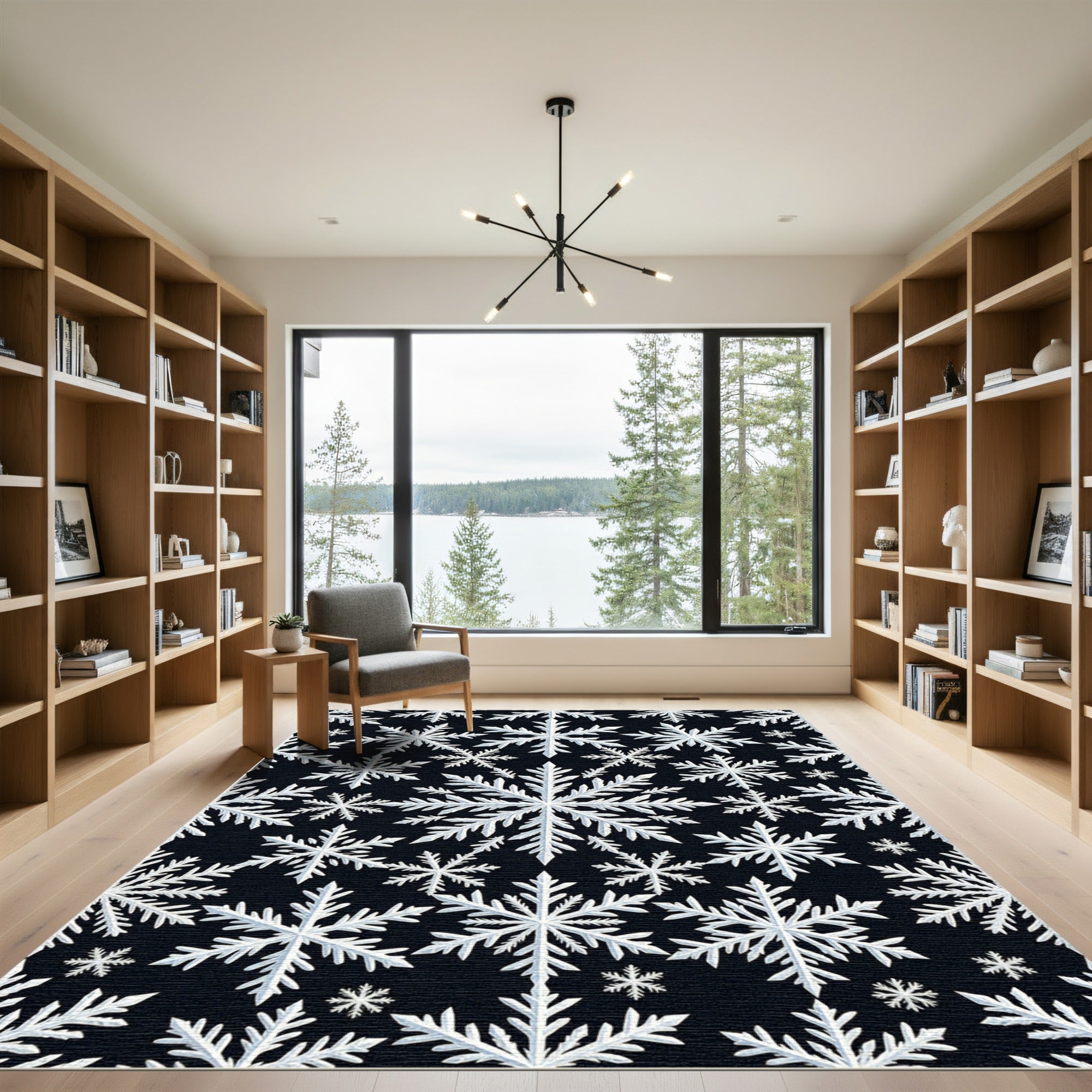 White Snowflake Black Background Repeating Pattern Rug