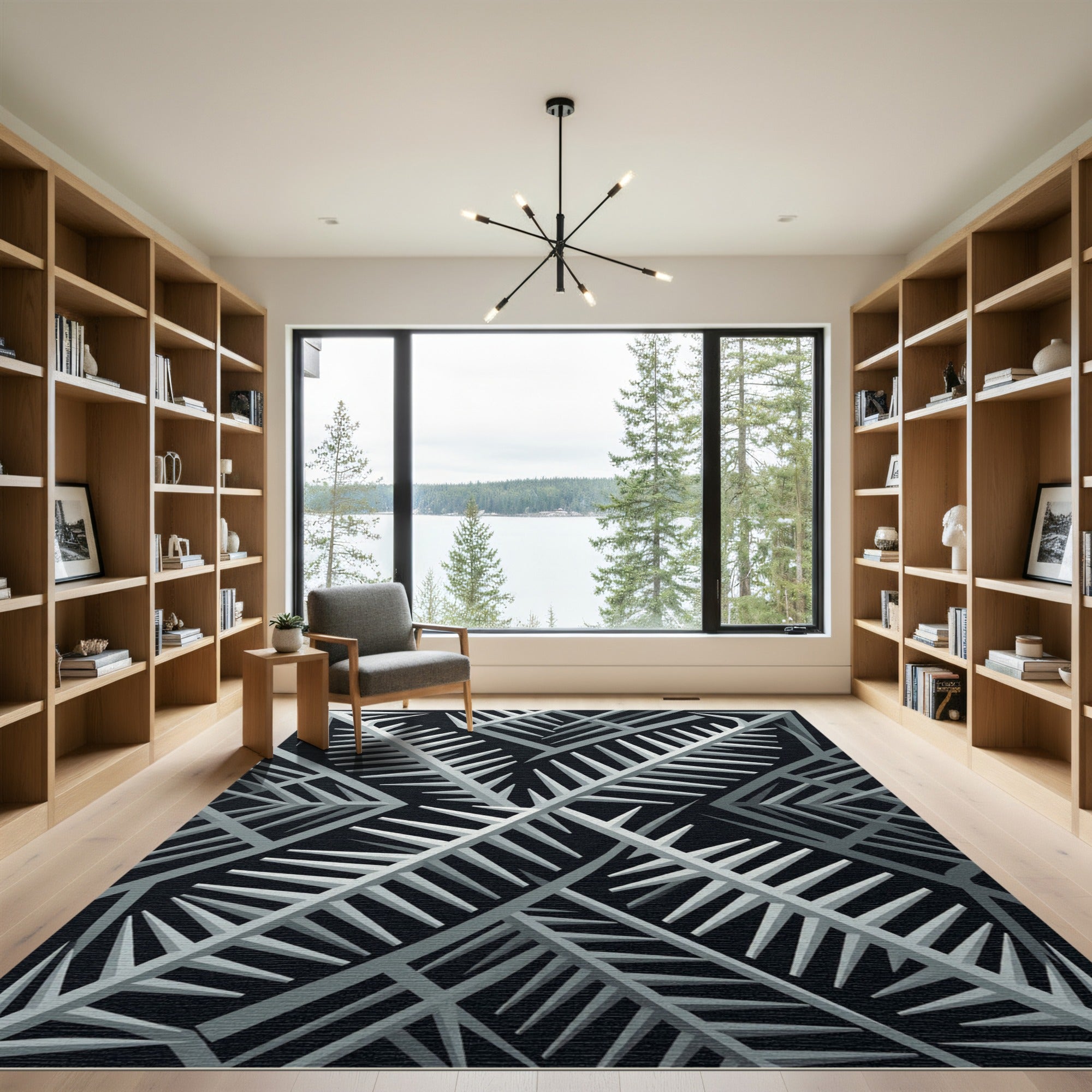 Monochromatic Fern Geometric Arrangement Rug
