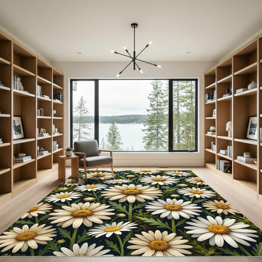 Radiant White Daisy Floral Botanical Rug