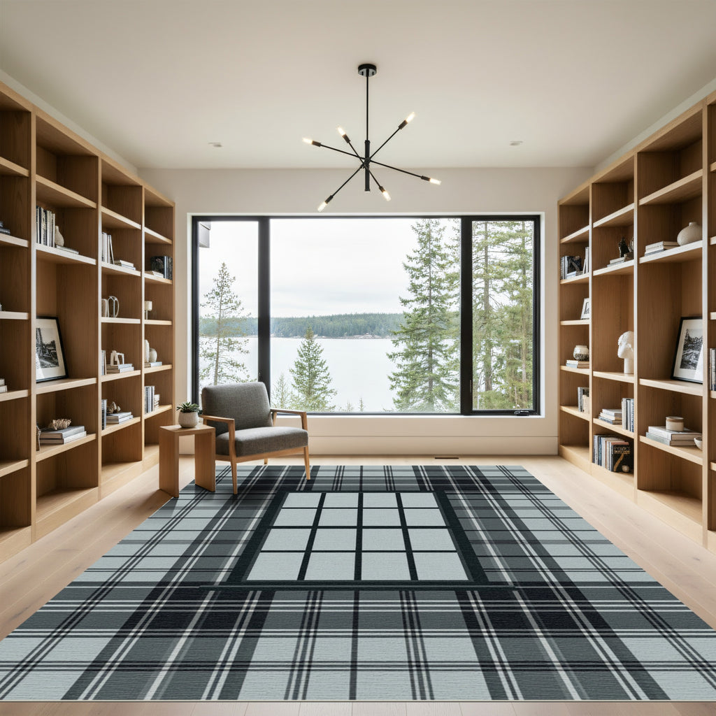 Sophisticated Charcoal and Slate Plaid Rug