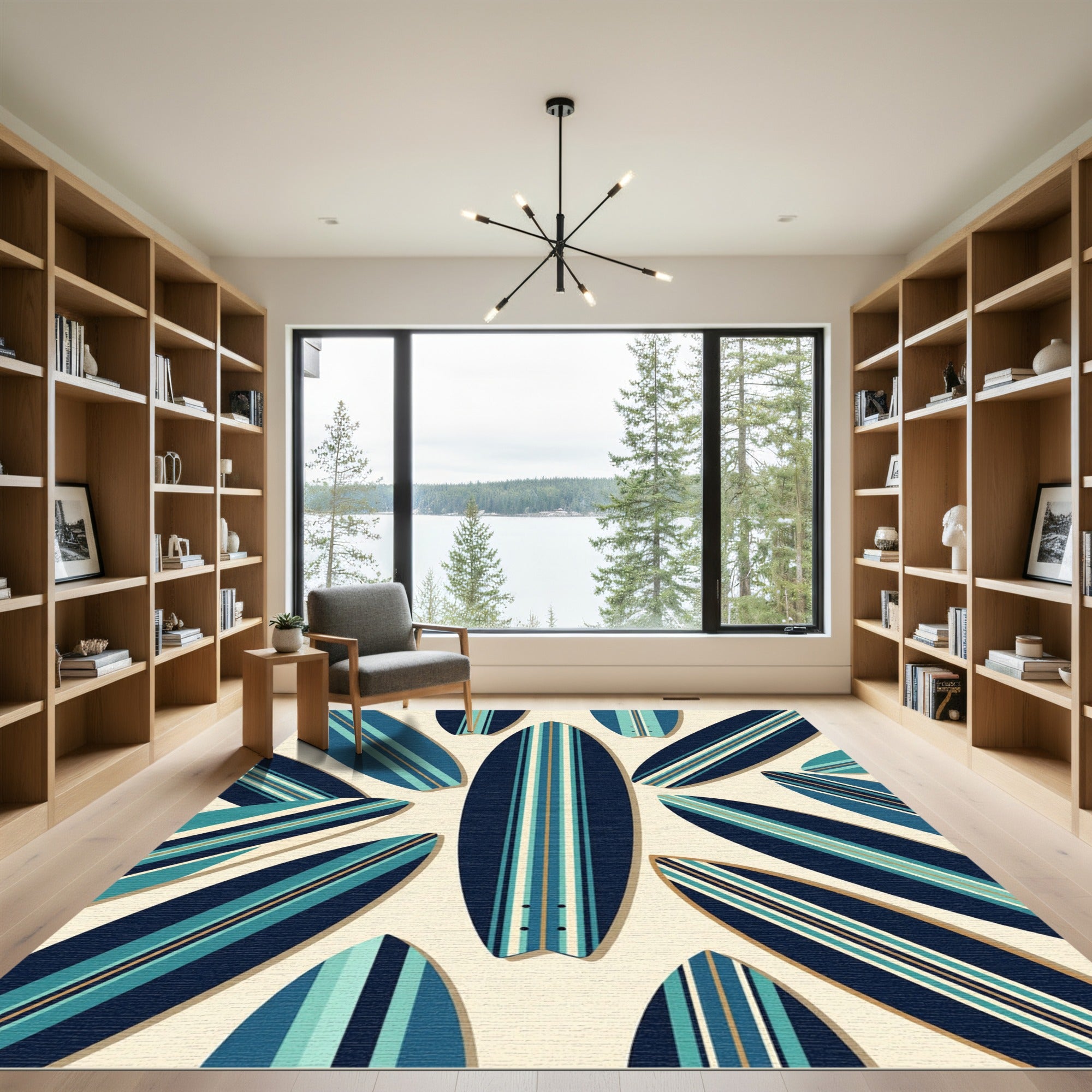 Coastal Blue Striped Surfboard Composition Rug