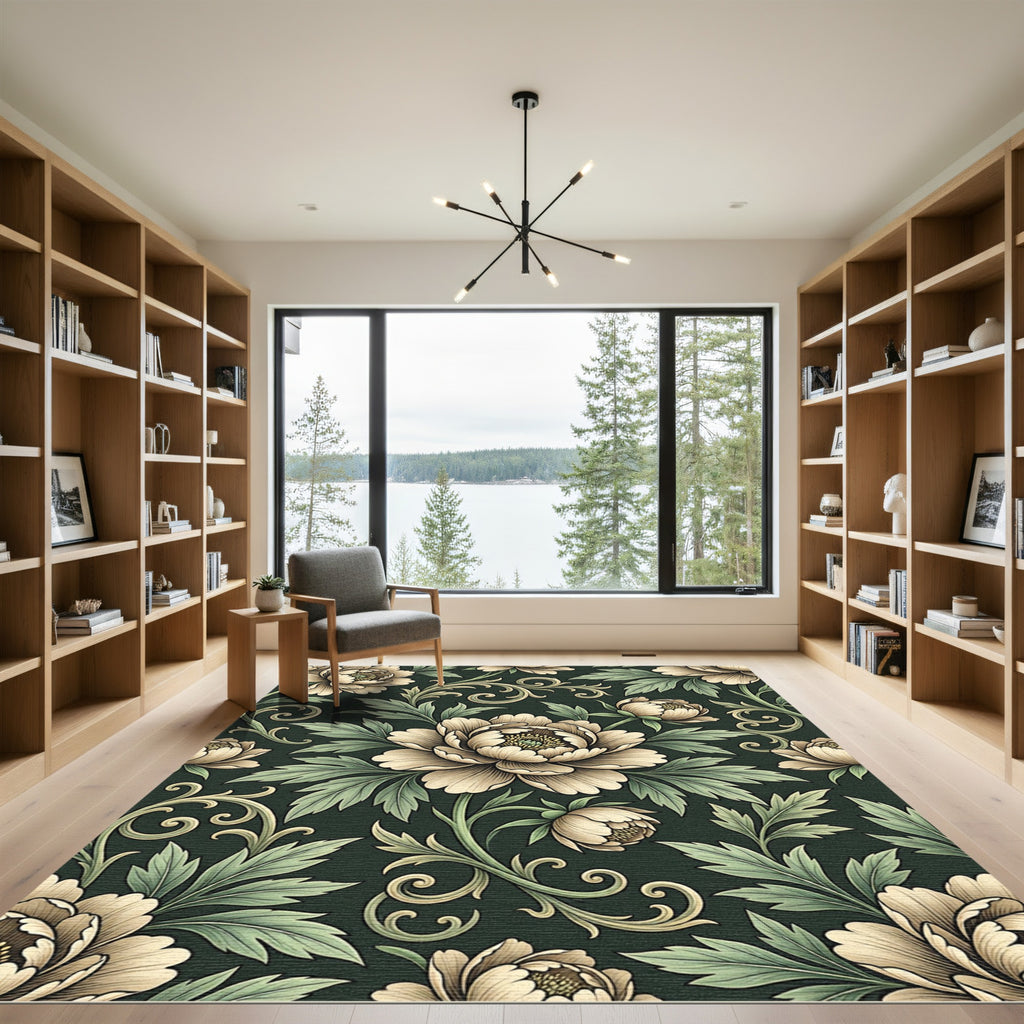 Ivory Peony Floral Dark Sage Scroll Rug