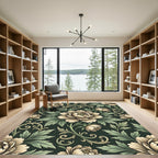 Ivory Peony Floral Dark Sage Scroll Rug