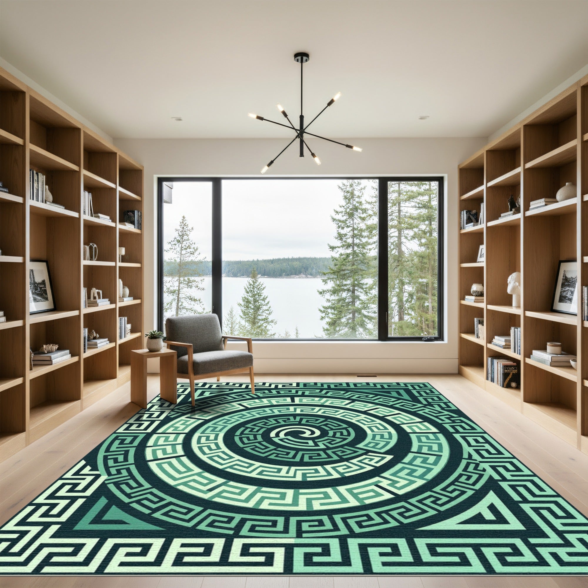Modern Emerald Greek Key Spiral Rug