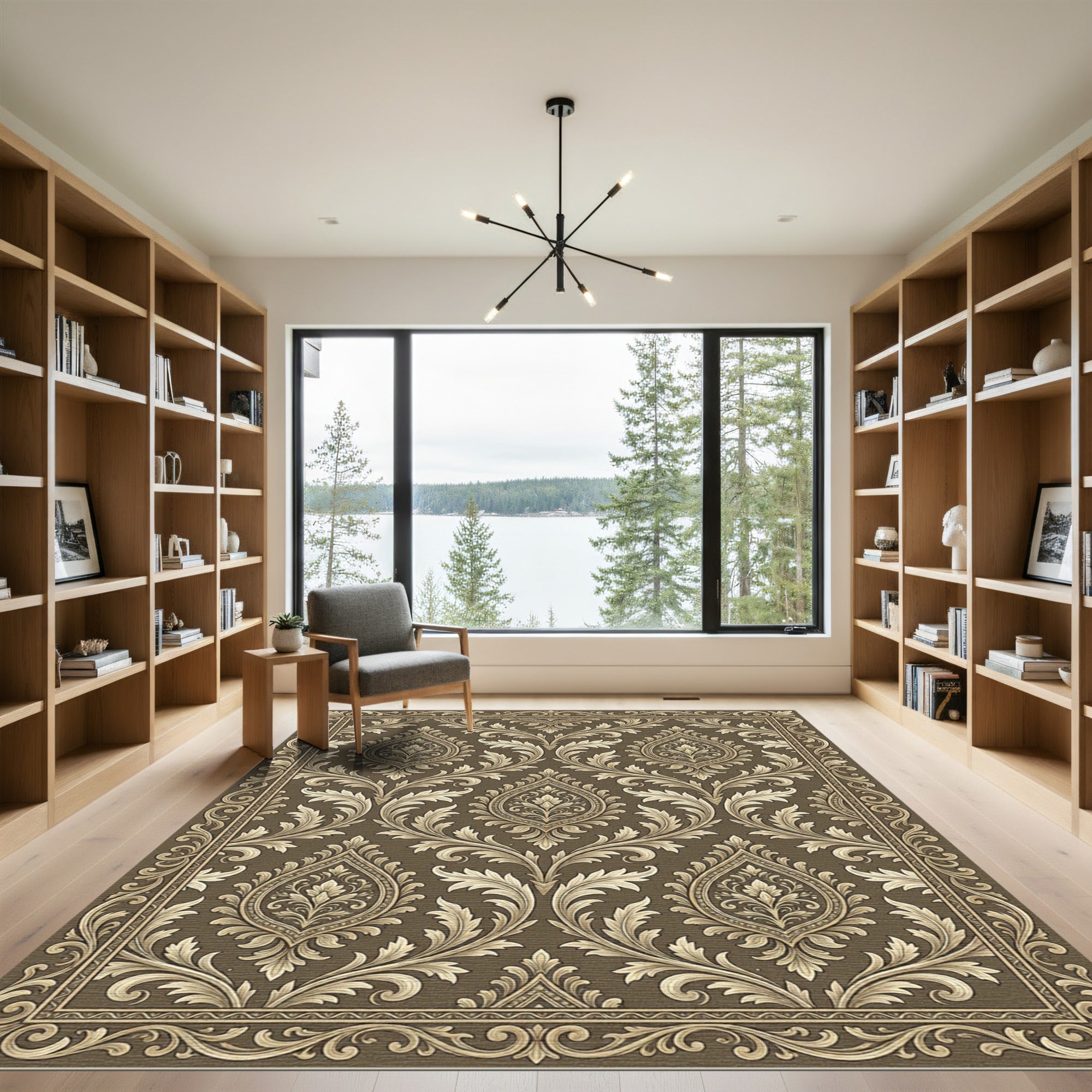 Brown Golden Vintage Damask Floral Rug