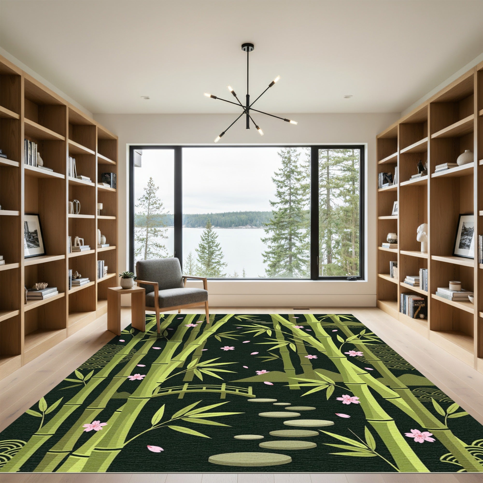 Serene Bamboo Cherry Blossom Garden Path Rug