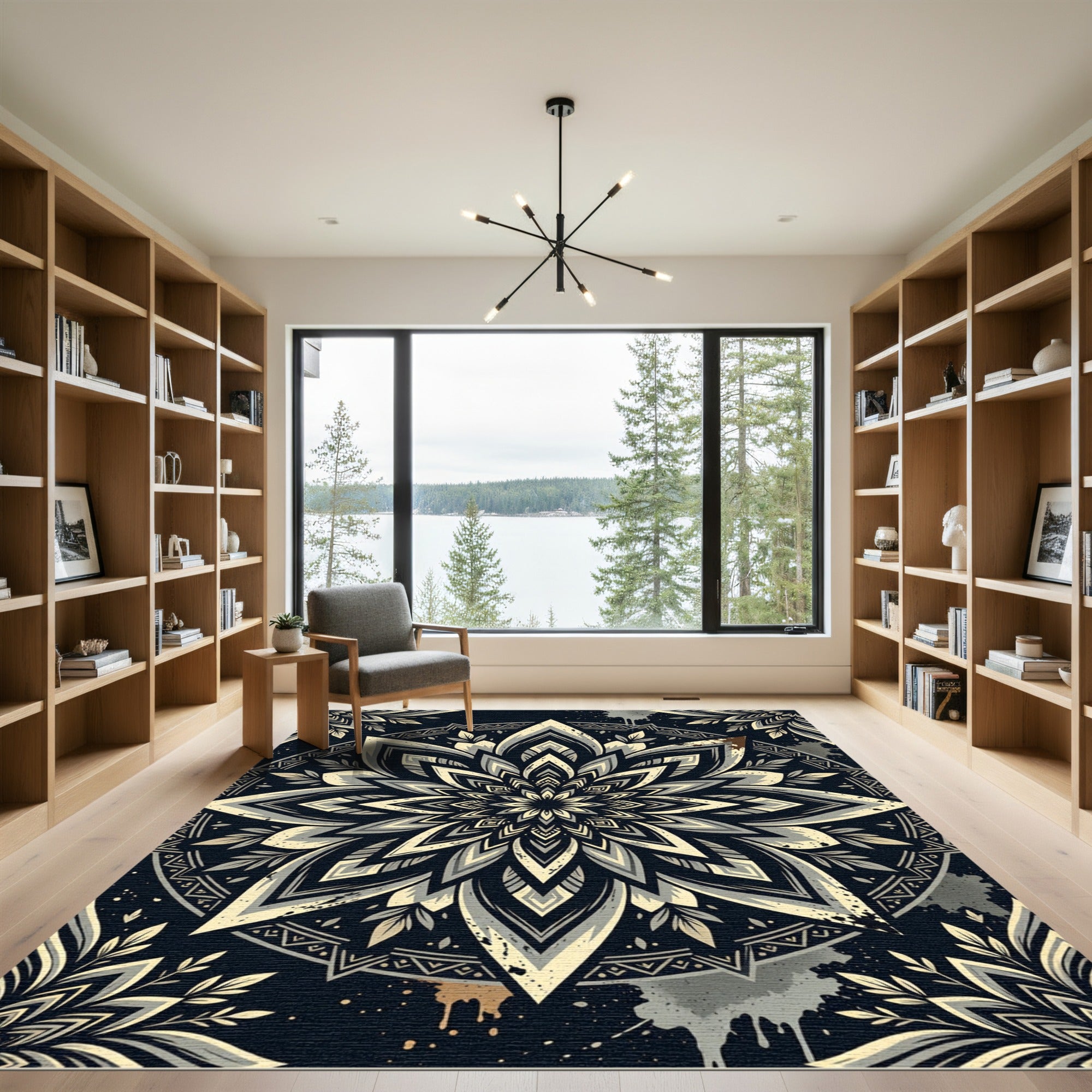 Monochrome Floral Mandala Medallion Rug