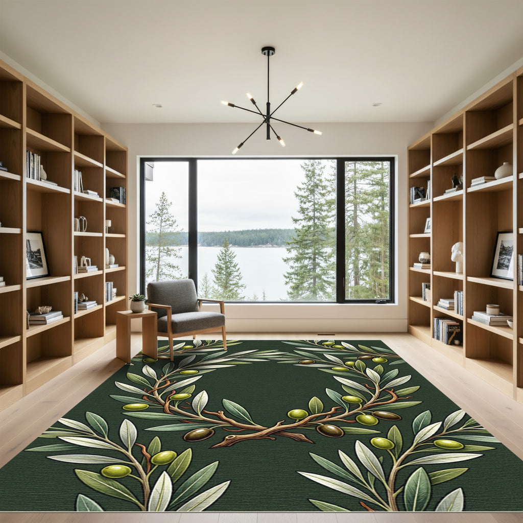 Elegant Olive Branch Botanical Wreath Rug