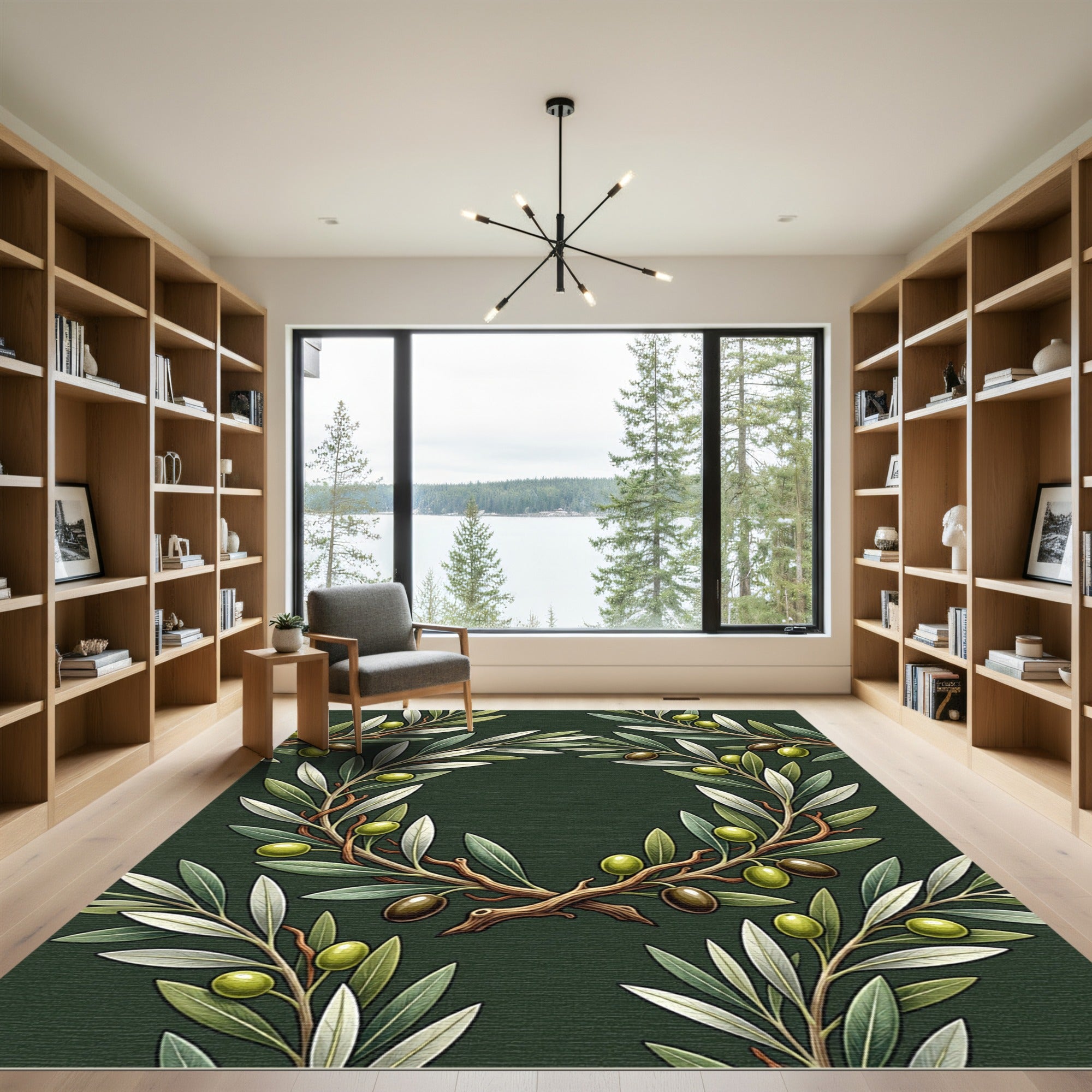 Elegant Olive Branch Botanical Wreath Rug