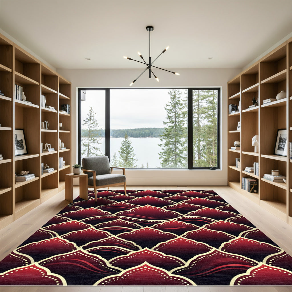 Rich Crimson Scalloped Arch Rug