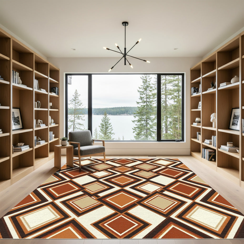 Midcentury Modern Terracotta Geometric Diamond Rug