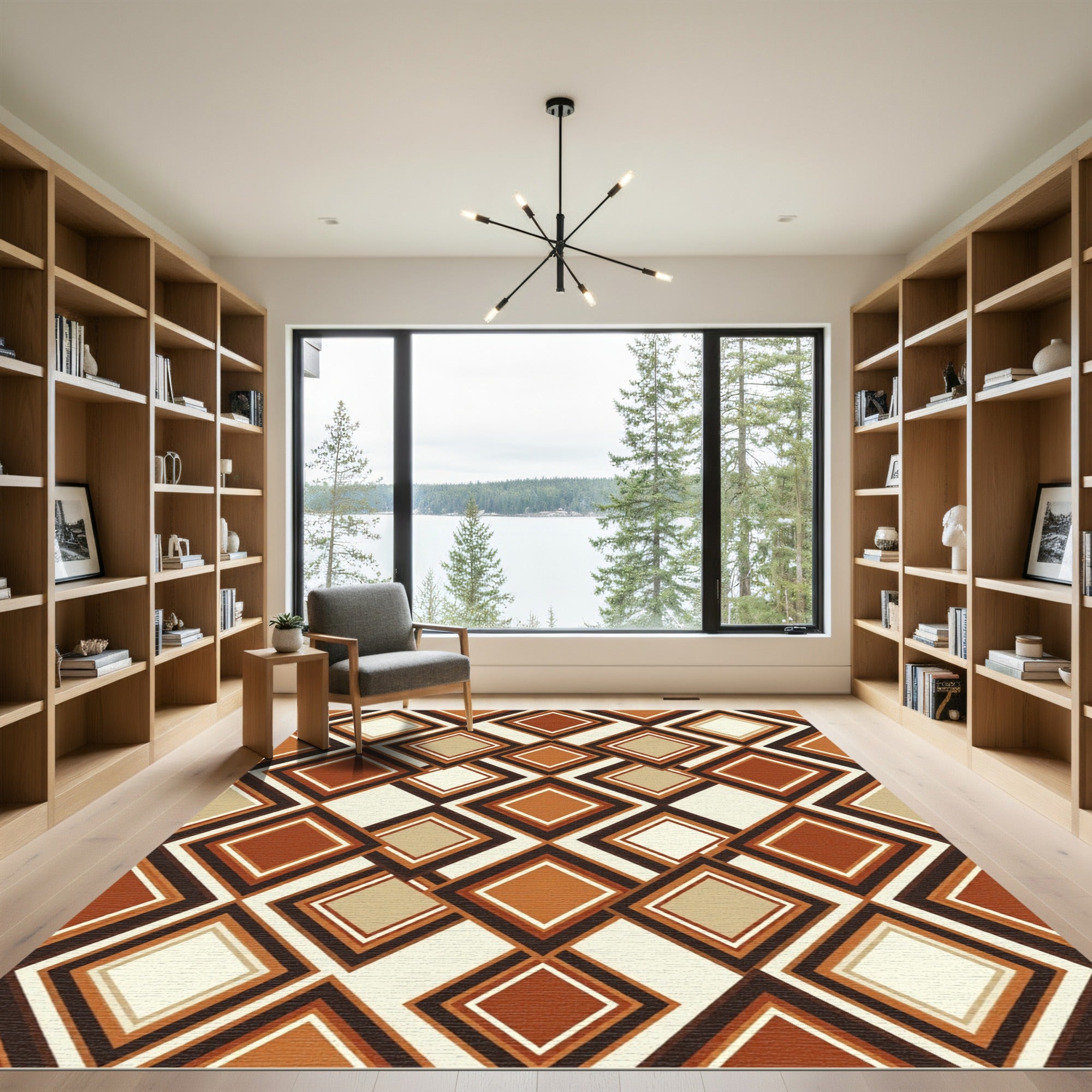 Midcentury Modern Terracotta Geometric Diamond Rug