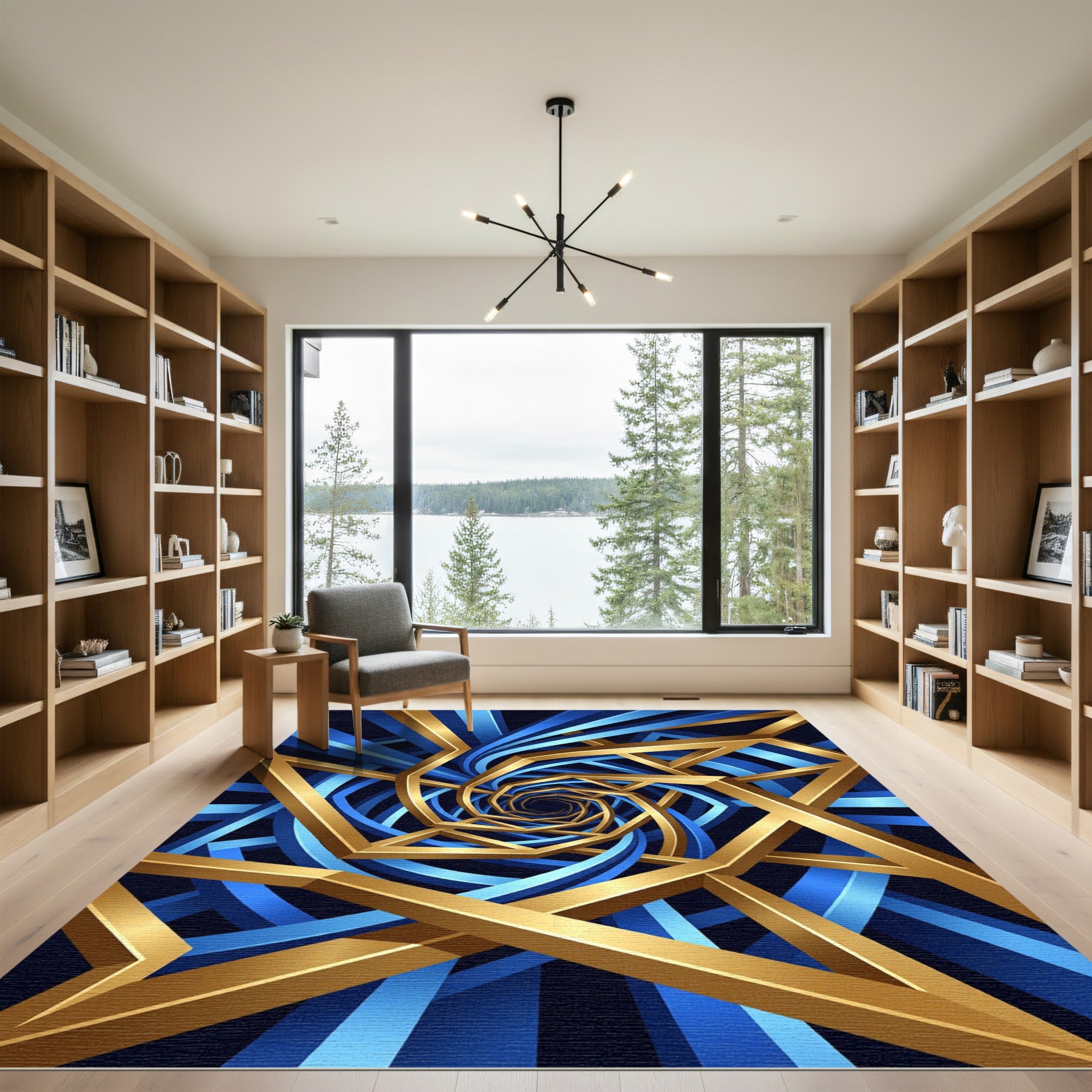 Golden Geometric Vortex Blue Infinity Rug