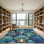 Oceanic Teal Gold Seashell Collage Rug