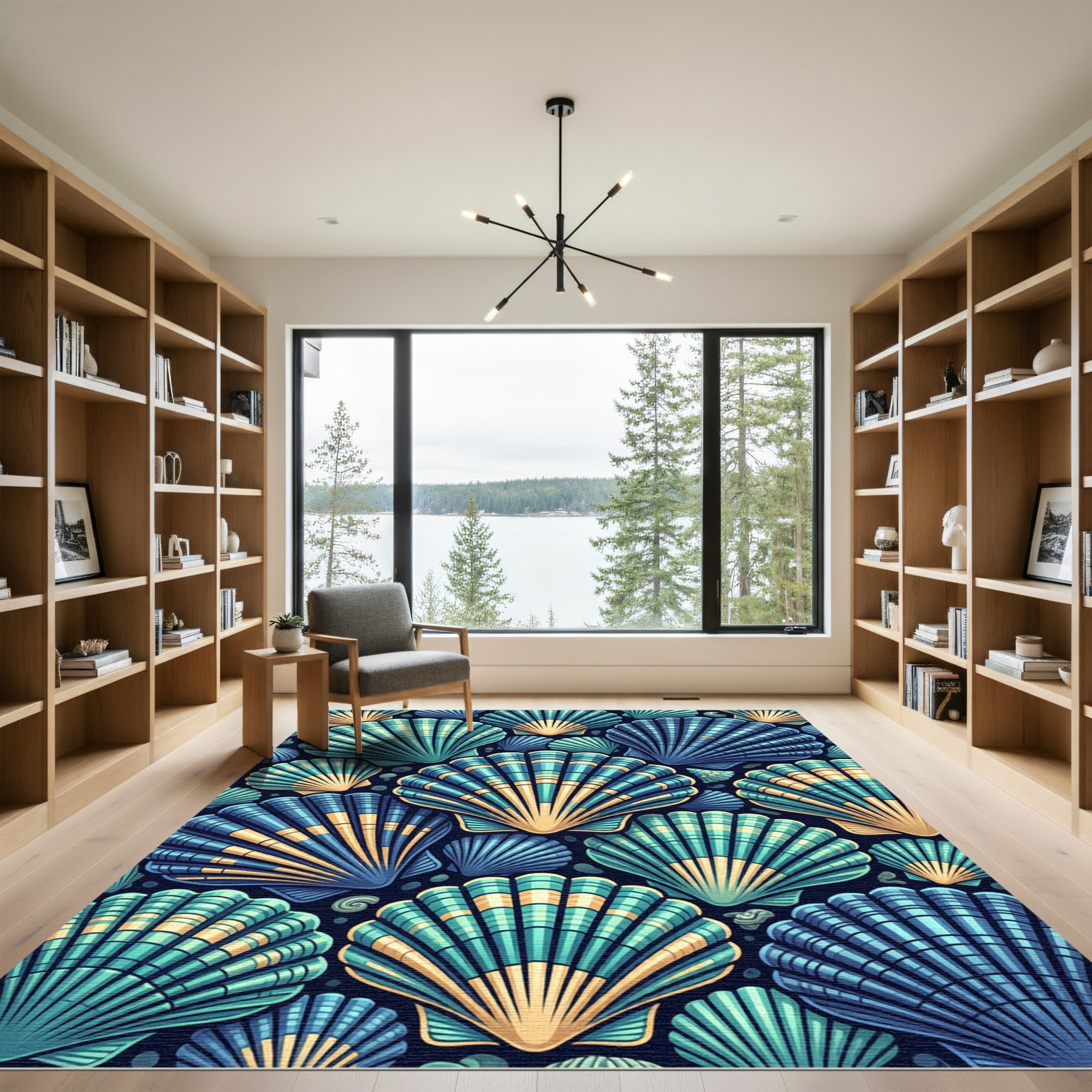 Oceanic Teal Gold Seashell Collage Rug