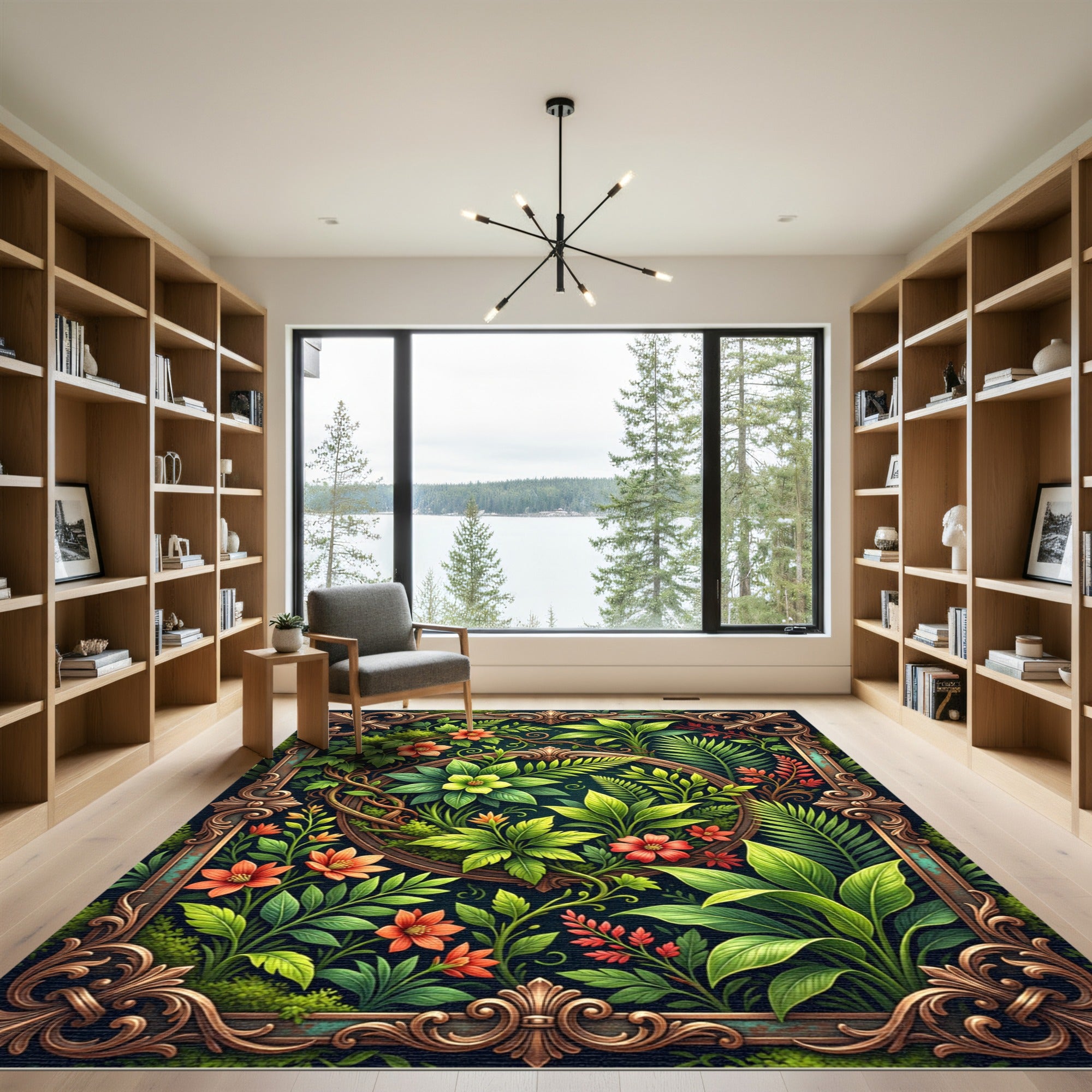 Lush Tropical Foliage Ornate Botanical Frame Rug