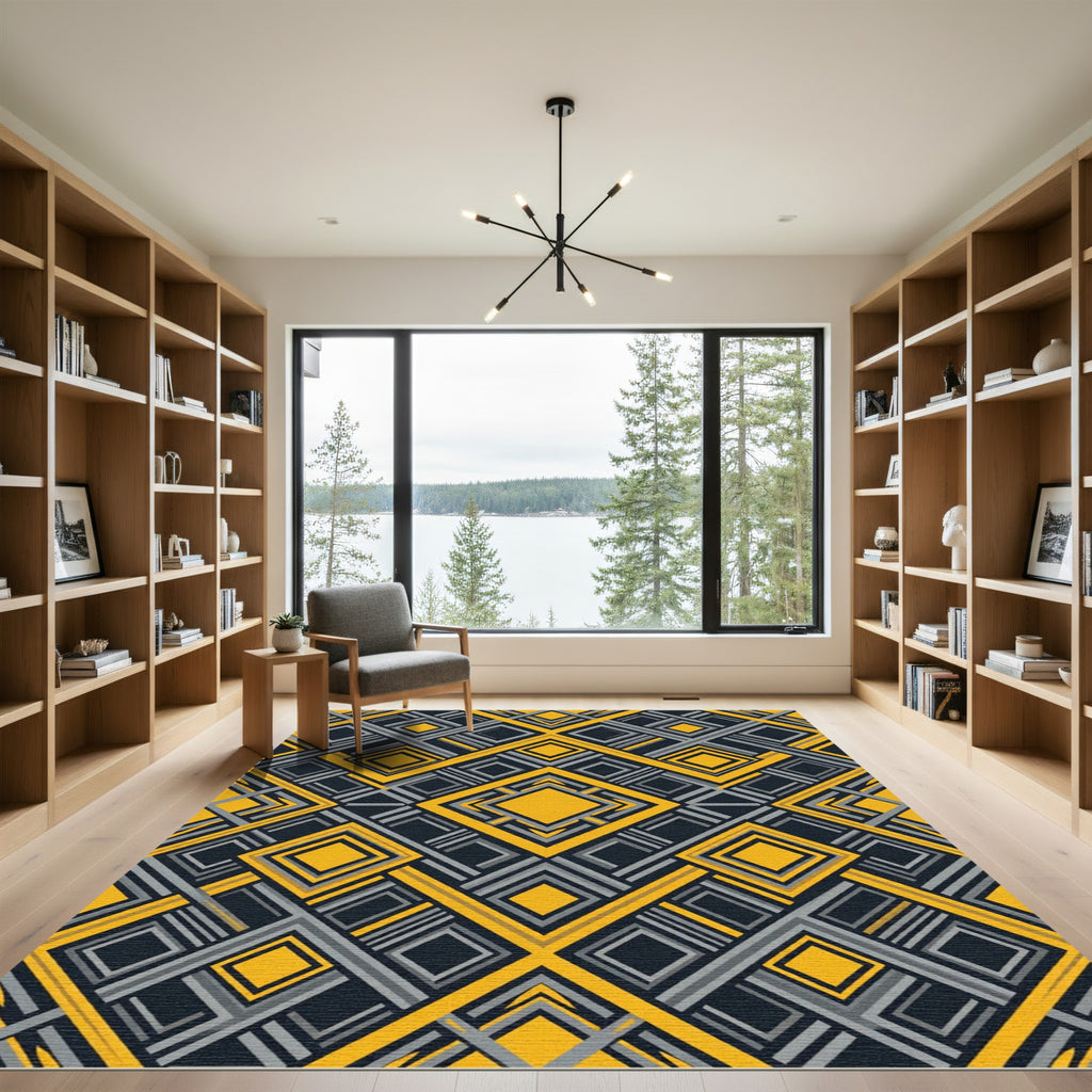 Bold Yellow Gray Geometric Diamond Rug