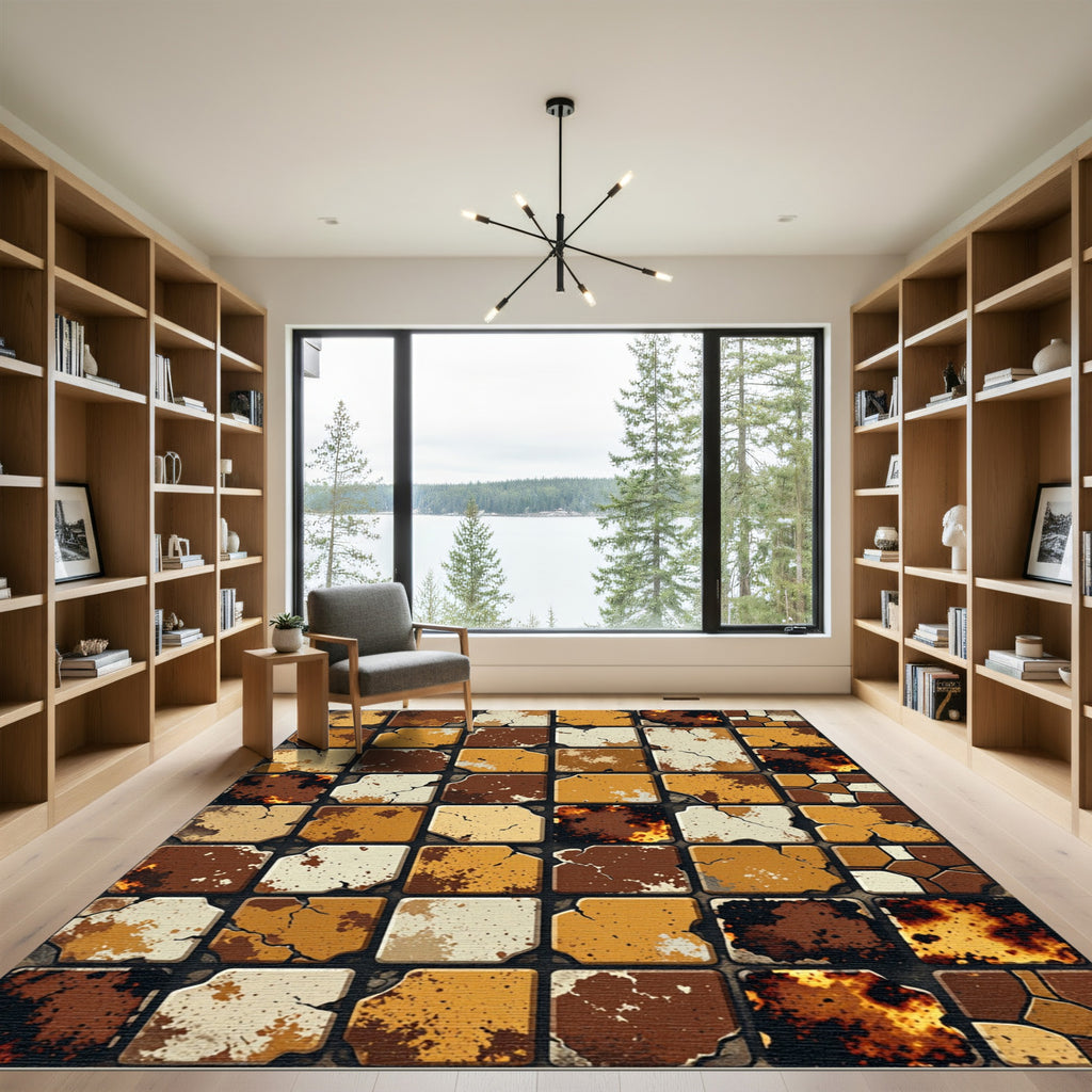 Distressed Earth Tone Geometric Stone Tile Rug