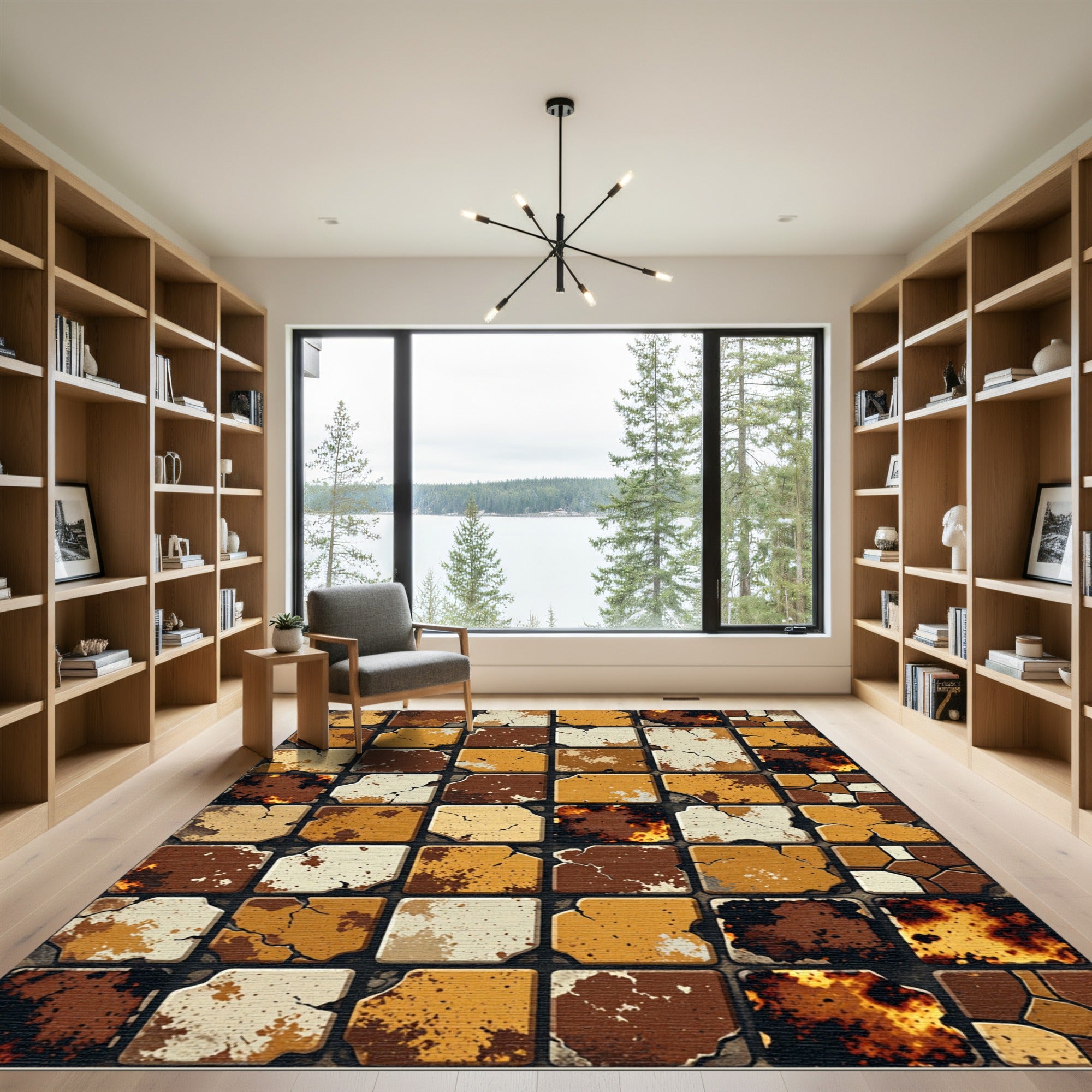 Distressed Earth Tone Geometric Stone Tile Rug