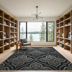 Elegant Silver Ornate Damask Scroll Rug