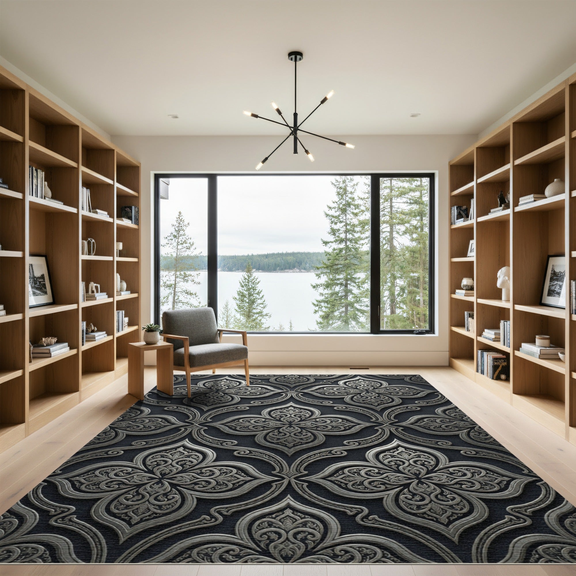Elegant Silver Ornate Damask Scroll Rug